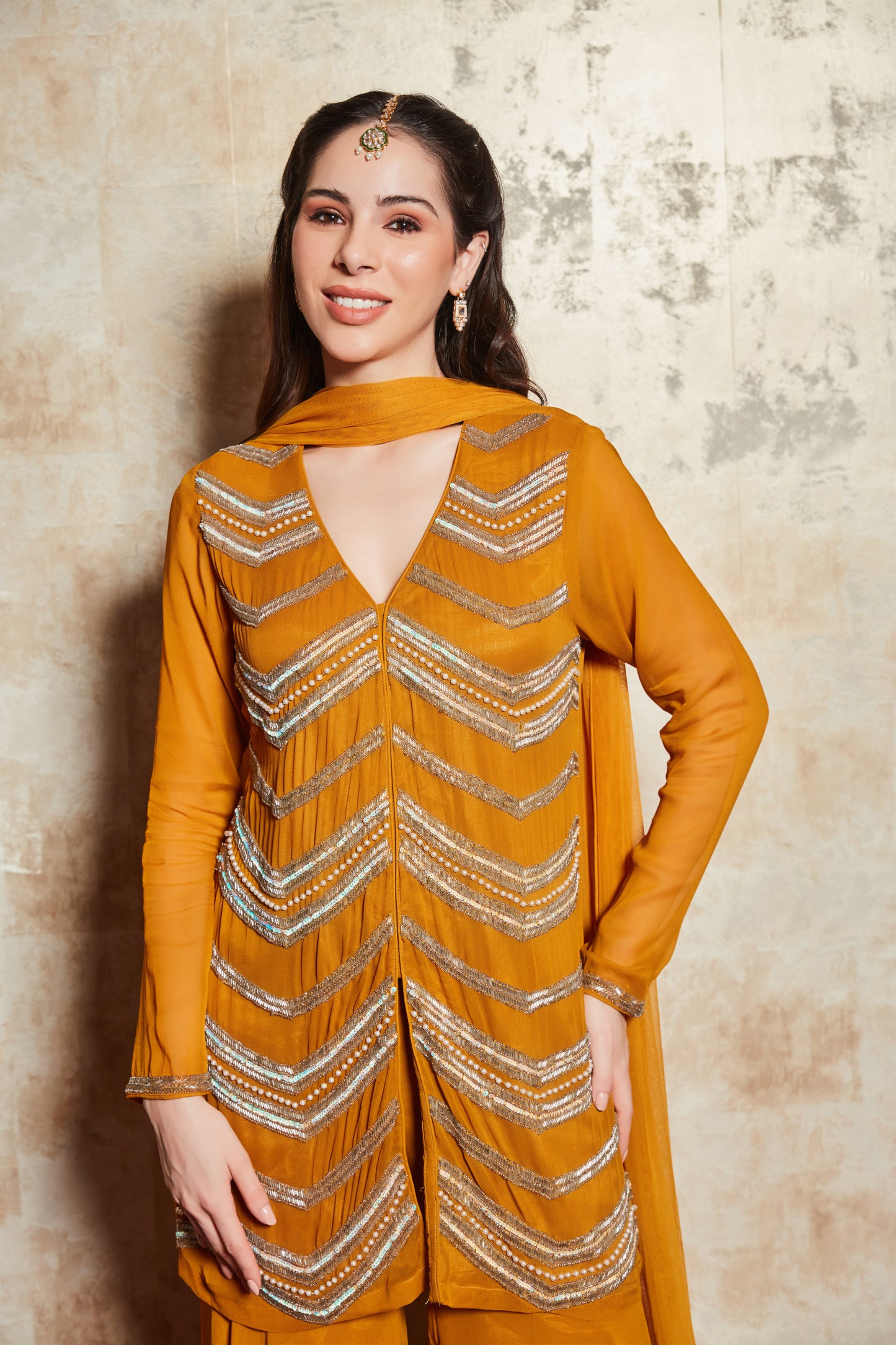 CREPE MUSTARD SHARARA SET