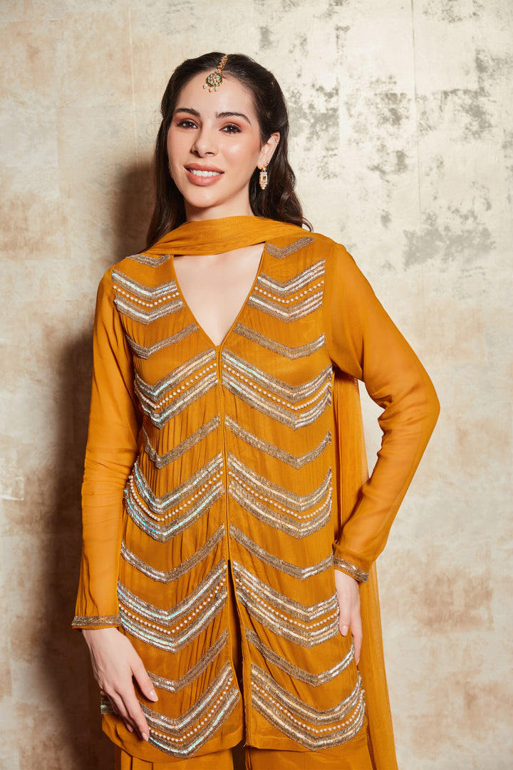 CREPE MUSTARD SHARARA SET