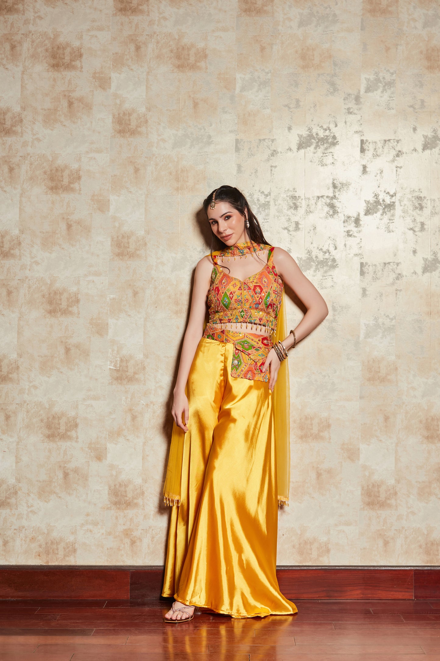 MUSTARD SHARARA SET WITH MULTICOLOUR ZARI EMBROIDERED BLOUSE AND DUPATTA