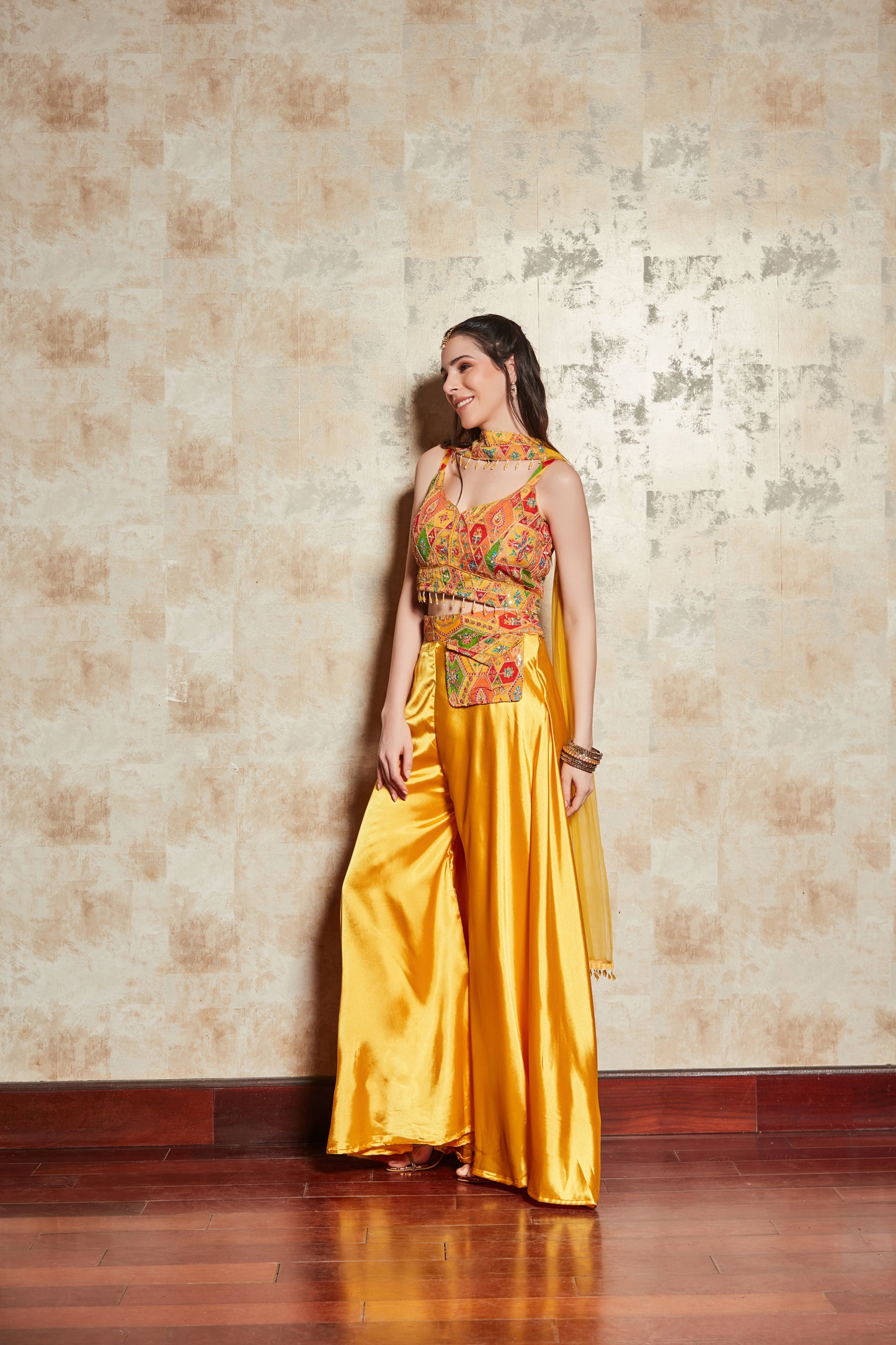 MUSTARD SHARARA SET WITH MULTICOLOUR ZARI EMBROIDERED BLOUSE AND DUPATTA