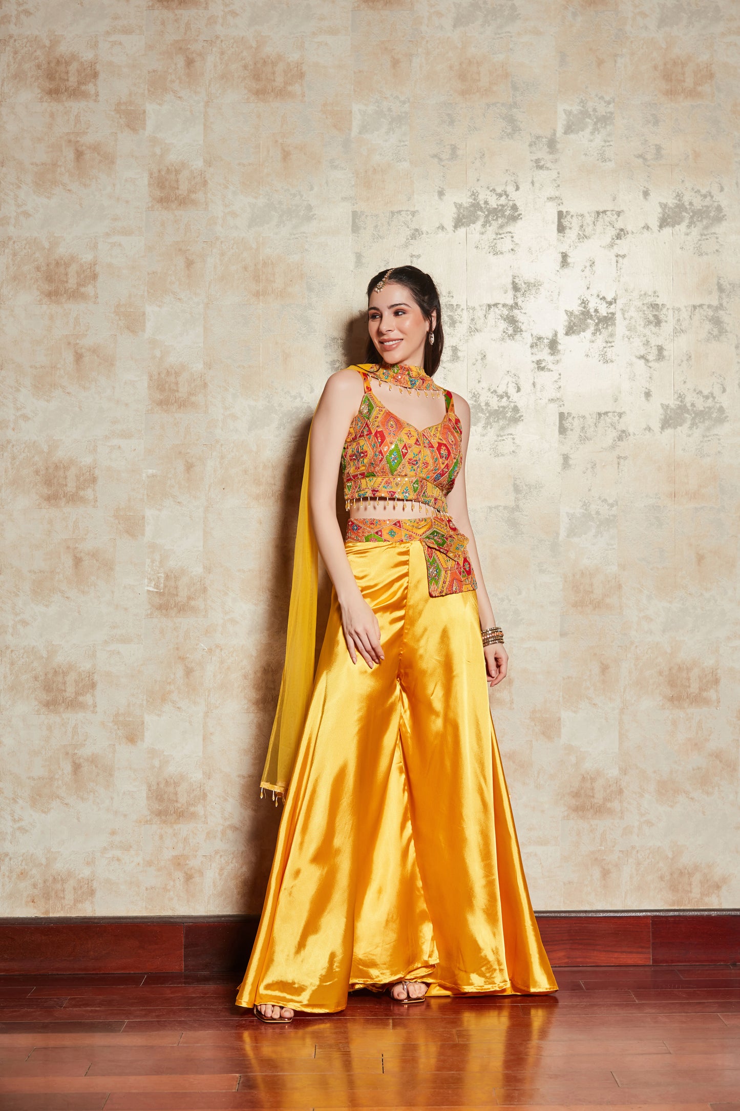 MUSTARD SHARARA SET WITH MULTICOLOUR ZARI EMBROIDERED BLOUSE AND DUPATTA