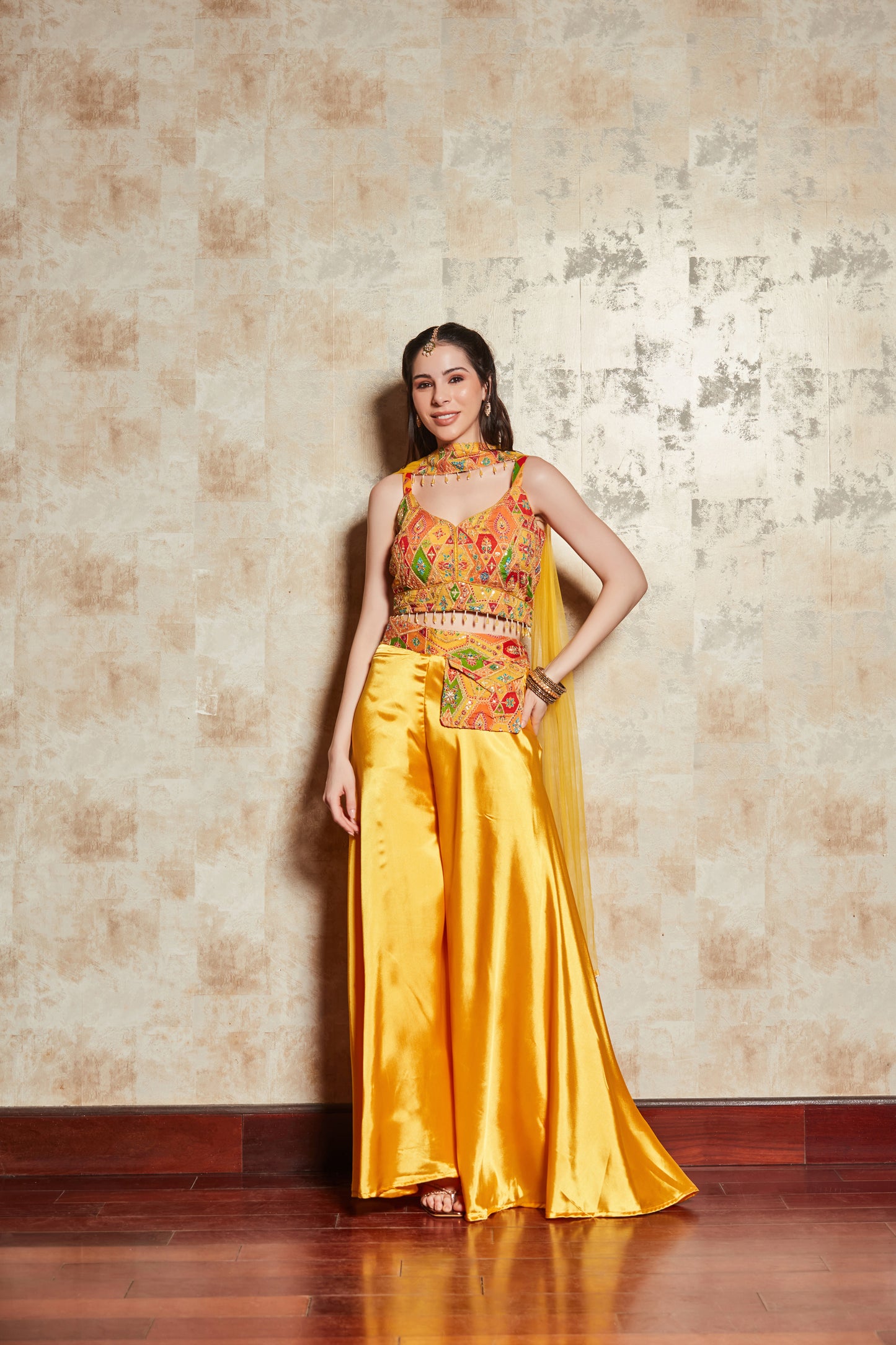 MUSTARD SHARARA SET WITH MULTICOLOUR ZARI EMBROIDERED BLOUSE AND DUPATTA