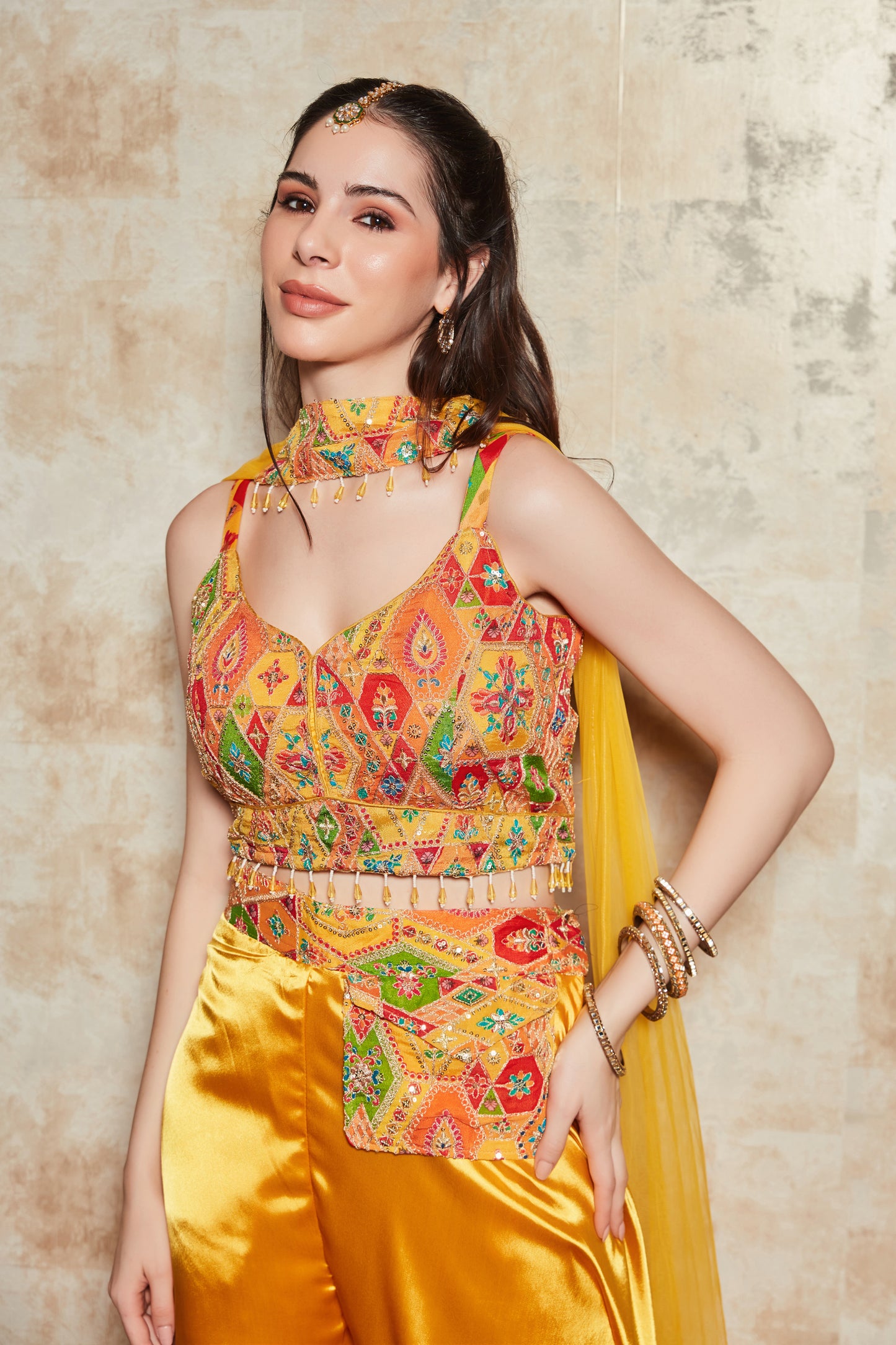 MUSTARD SHARARA SET WITH MULTICOLOUR ZARI EMBROIDERED BLOUSE AND DUPATTA