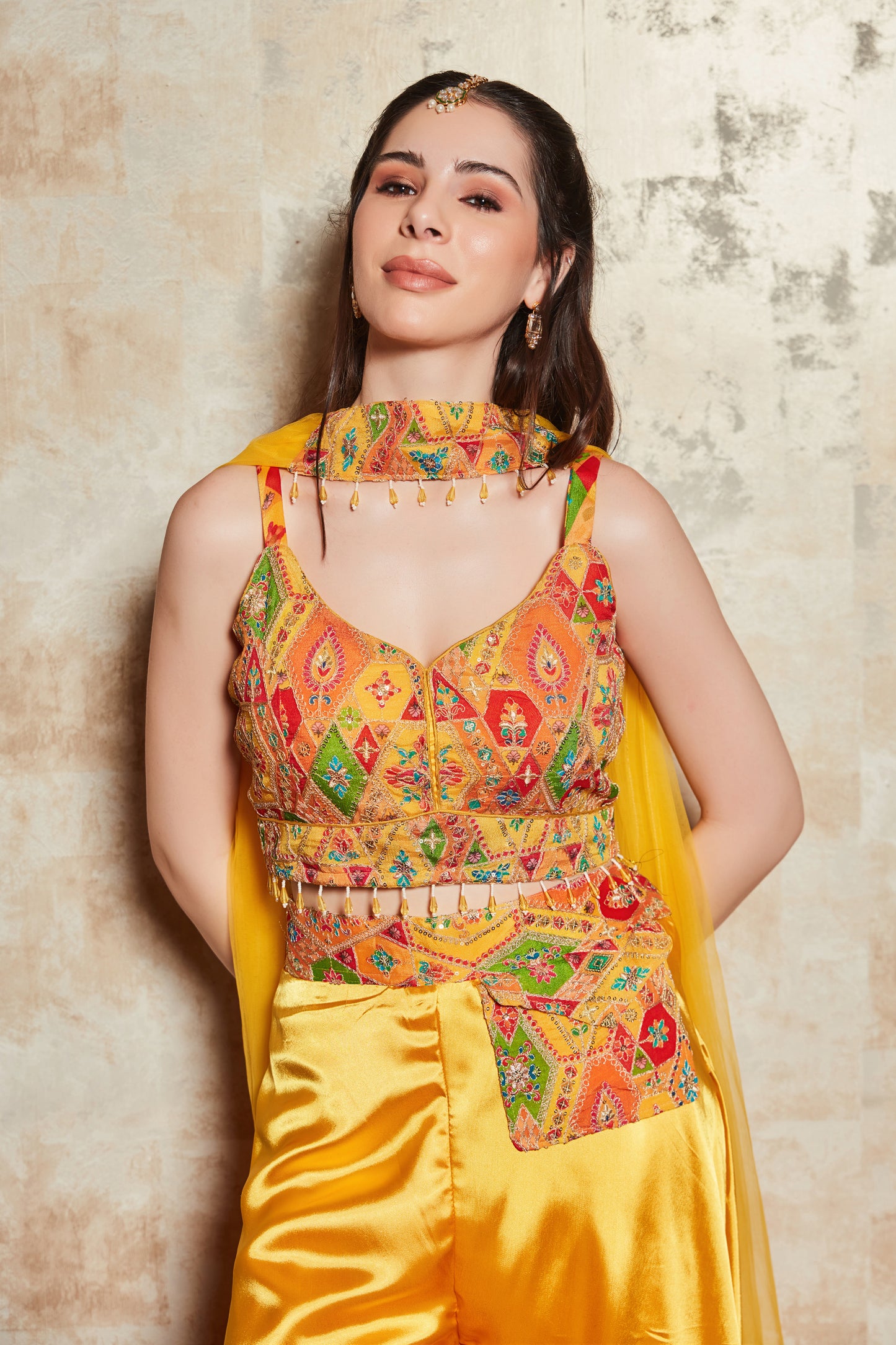 MUSTARD SHARARA SET WITH MULTICOLOUR ZARI EMBROIDERED BLOUSE AND DUPATTA