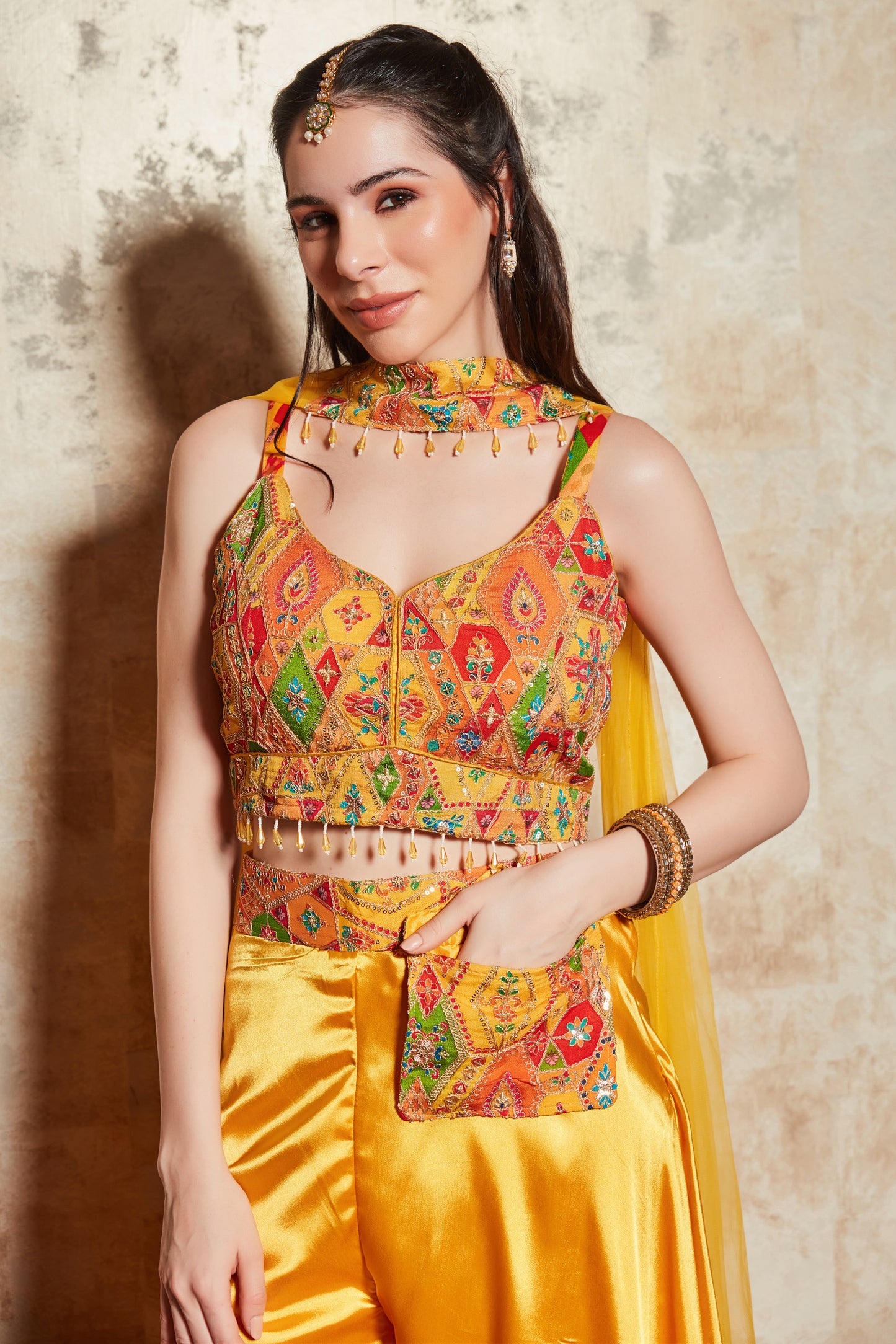 MUSTARD SHARARA SET WITH MULTICOLOUR ZARI EMBROIDERED BLOUSE AND DUPATTA