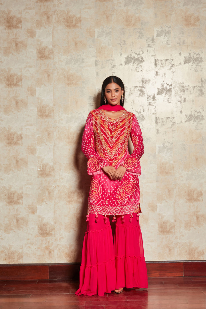 PINK BANDHANI SHARARA SET IN PURE GEORGETTE