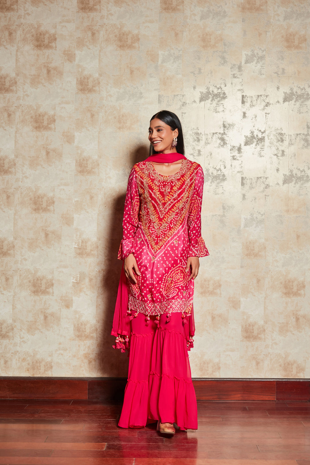 PINK BANDHANI SHARARA SET IN PURE GEORGETTE