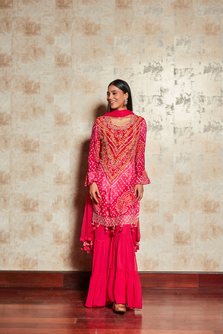 PINK BANDHANI SHARARA SET IN PURE GEORGETTE
