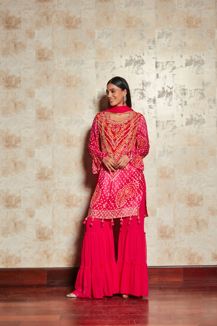 PINK BANDHANI SHARARA SET IN PURE GEORGETTE