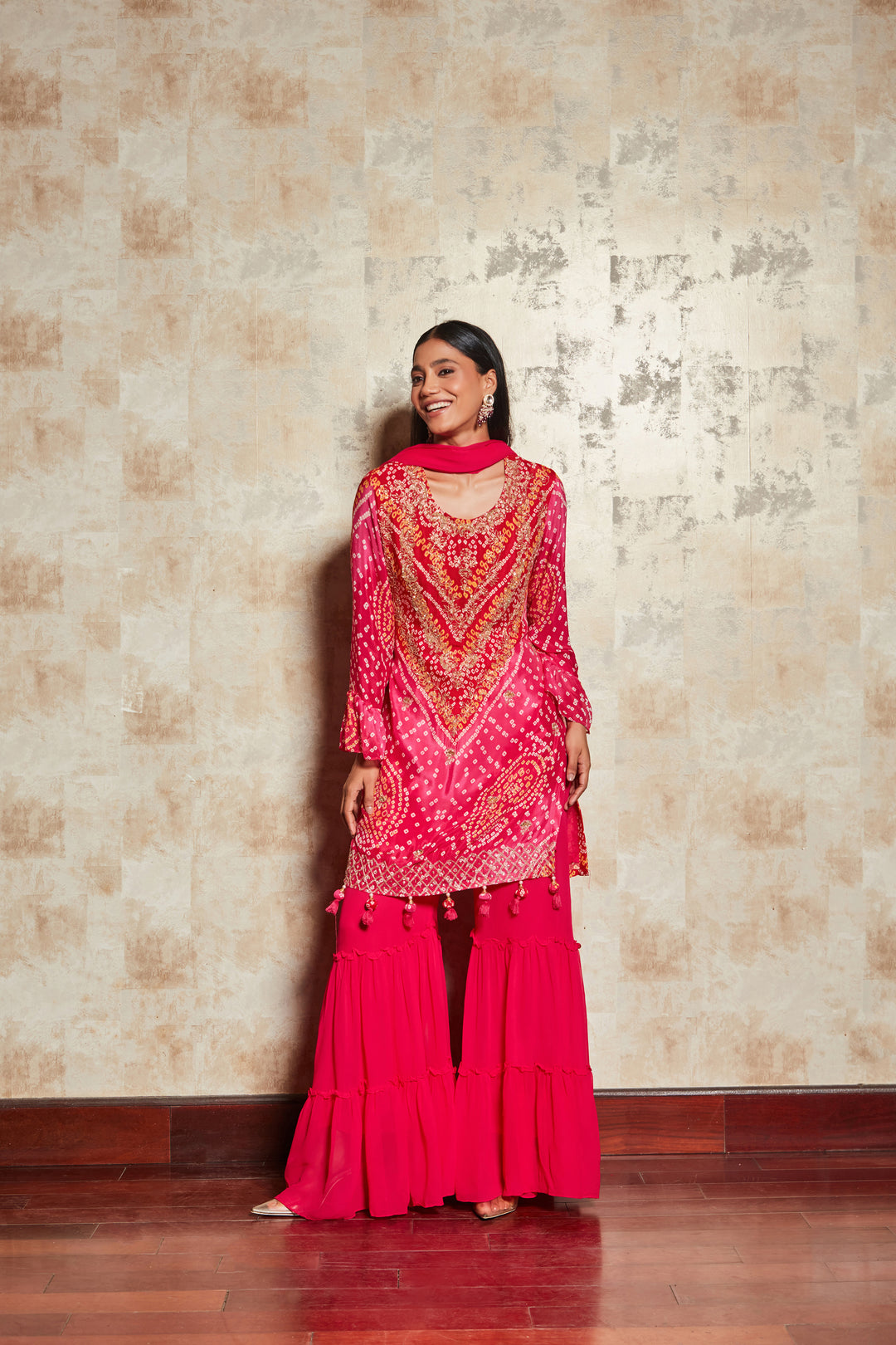 PINK BANDHANI SHARARA SET IN PURE GEORGETTE