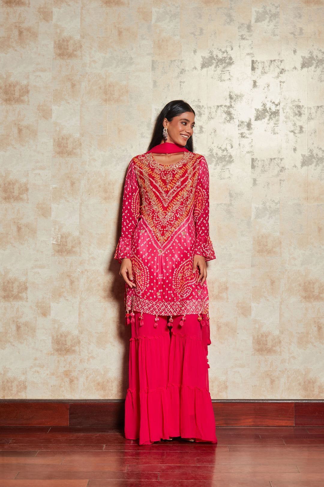 PINK BANDHANI SHARARA SET IN PURE GEORGETTE