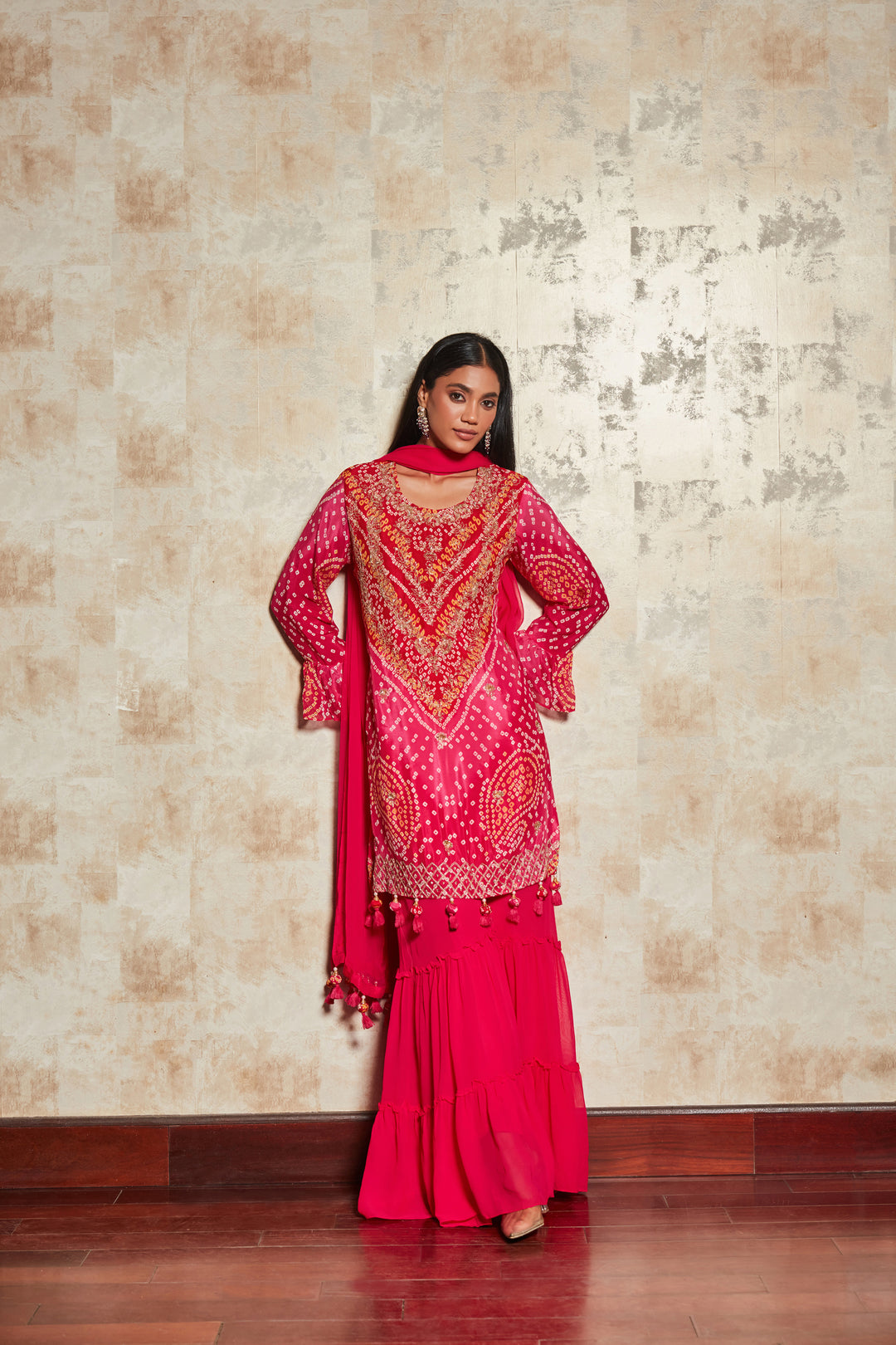 PINK BANDHANI SHARARA SET IN PURE GEORGETTE