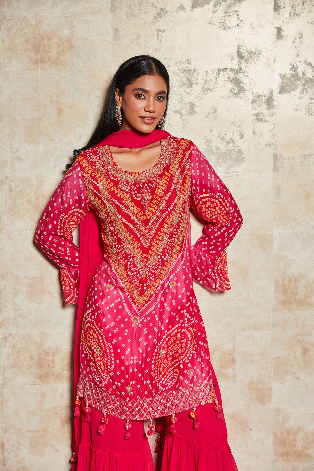PINK BANDHANI SHARARA SET IN PURE GEORGETTE