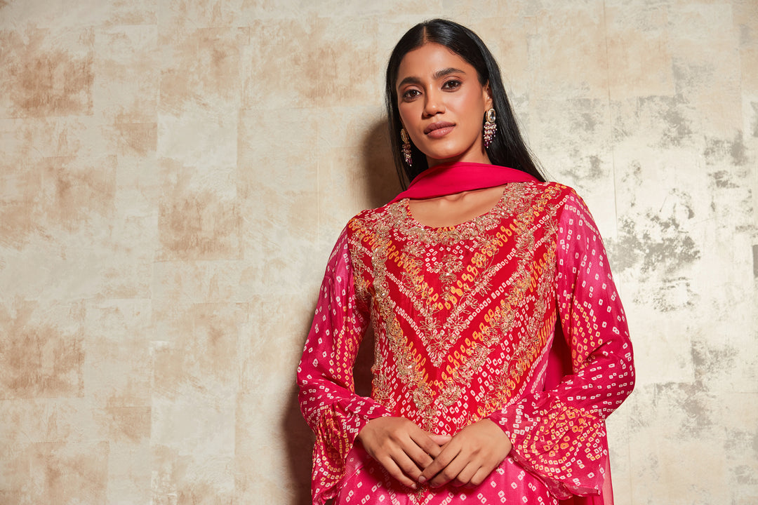 PINK BANDHANI SHARARA SET IN PURE GEORGETTE
