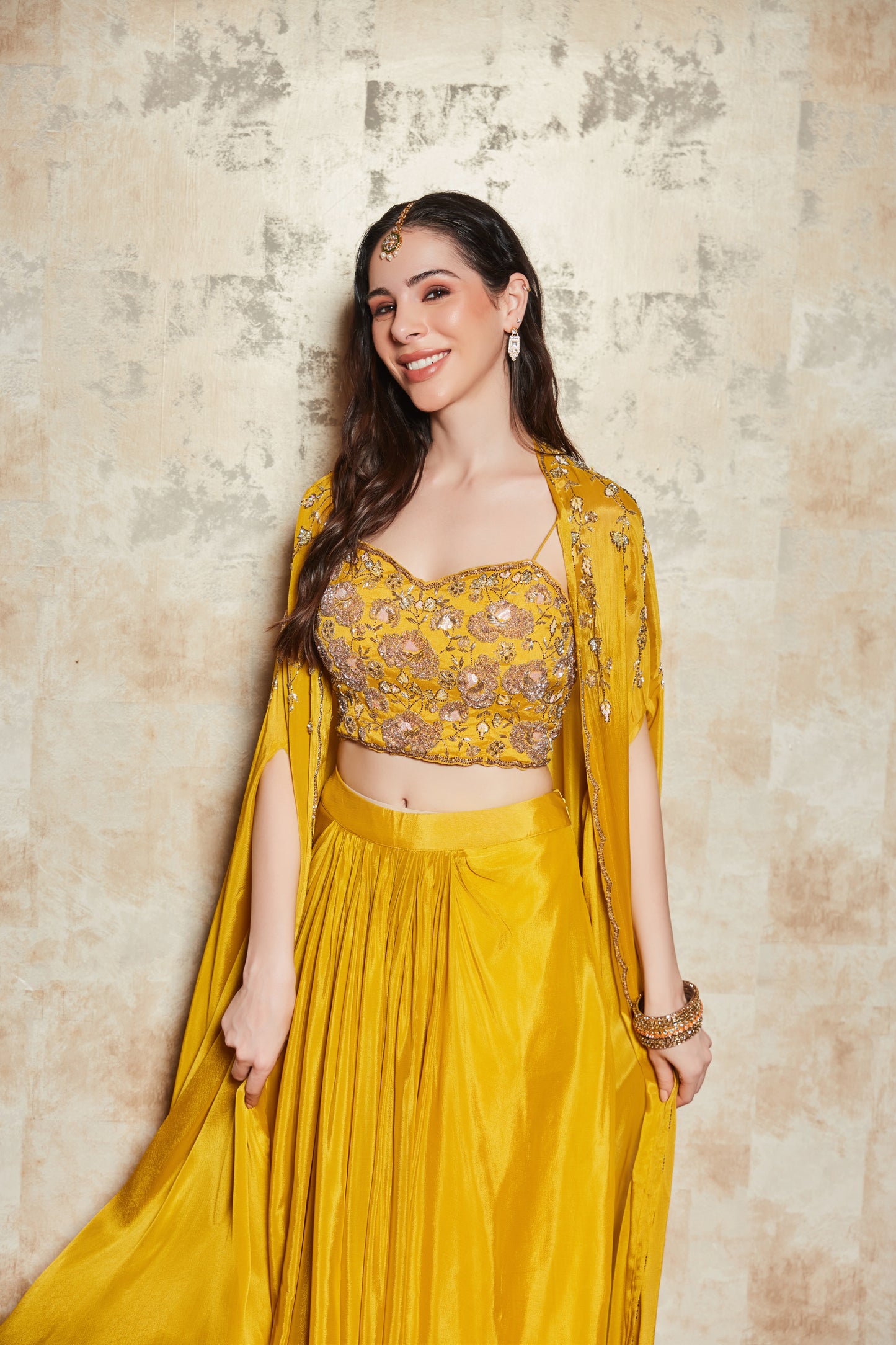 Mustard Bead Embroidered Jacket Set With Floral Embroidered Blouse And Pleated Skirt