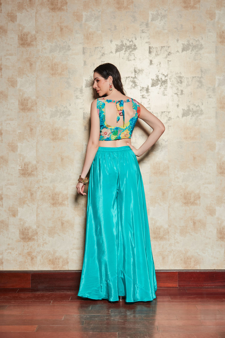 TURQUOISE BLUE FLORAL PRINT JACKET SET WITH EMBROIDERED BLOUSE AND PLAZO