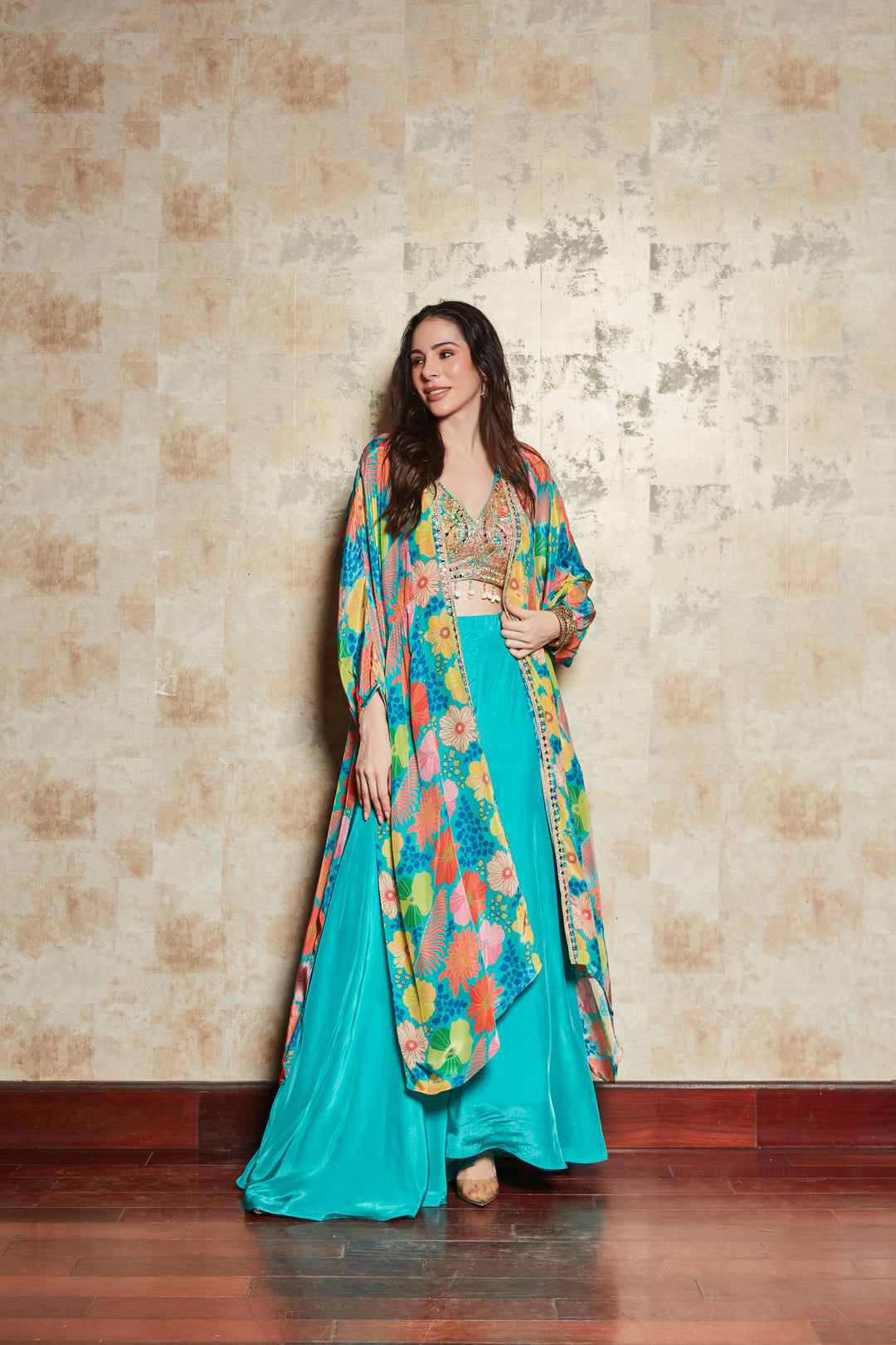 TURQUOISE BLUE FLORAL PRINT JACKET SET WITH EMBROIDERED BLOUSE AND PLAZO