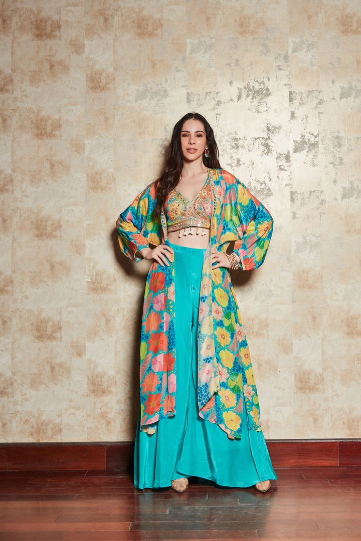 TURQUOISE BLUE FLORAL PRINT JACKET SET WITH EMBROIDERED BLOUSE AND PLAZO