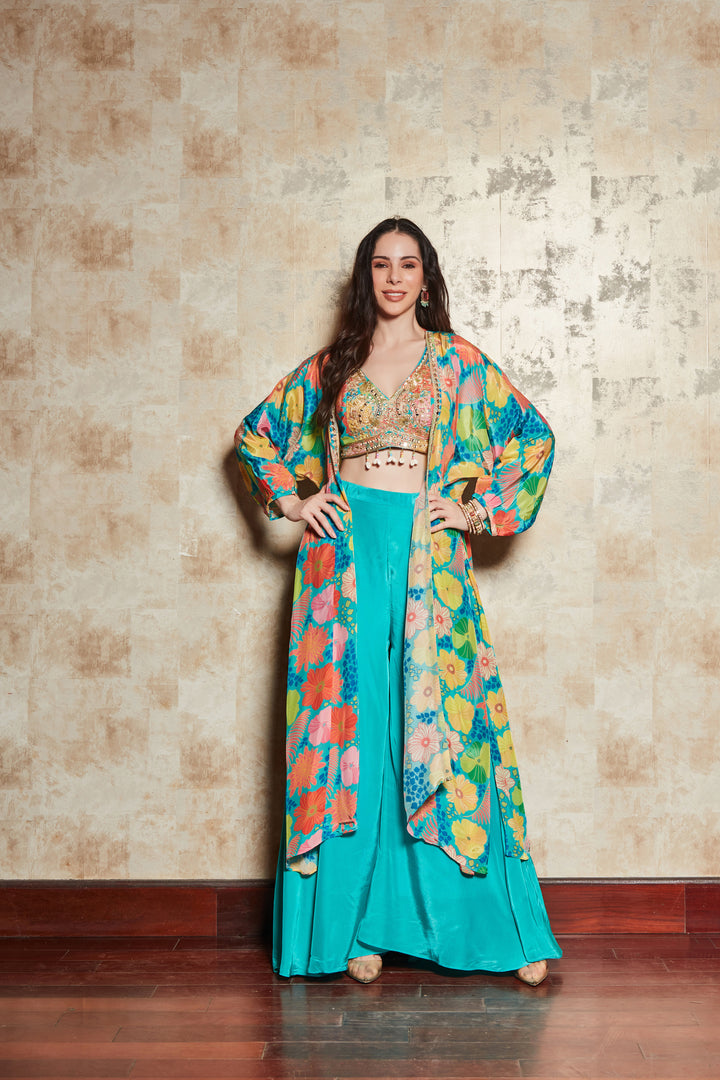 TURQUOISE BLUE FLORAL PRINT JACKET SET WITH EMBROIDERED BLOUSE AND PLAZO