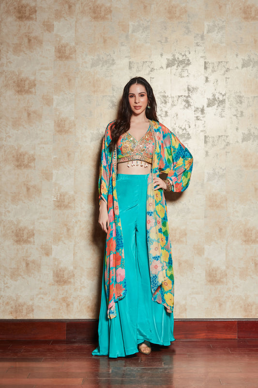 TURQUOISE BLUE FLORAL PRINT JACKET SET WITH EMBROIDERED BLOUSE AND PLAZO