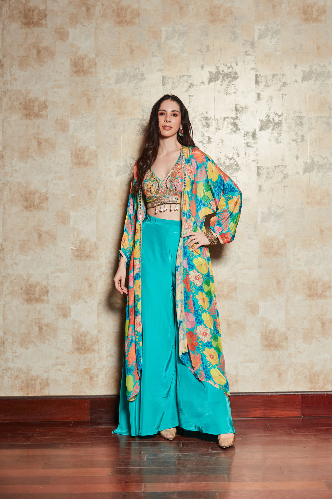 TURQUOISE BLUE FLORAL PRINT JACKET SET WITH EMBROIDERED BLOUSE AND PLAZO
