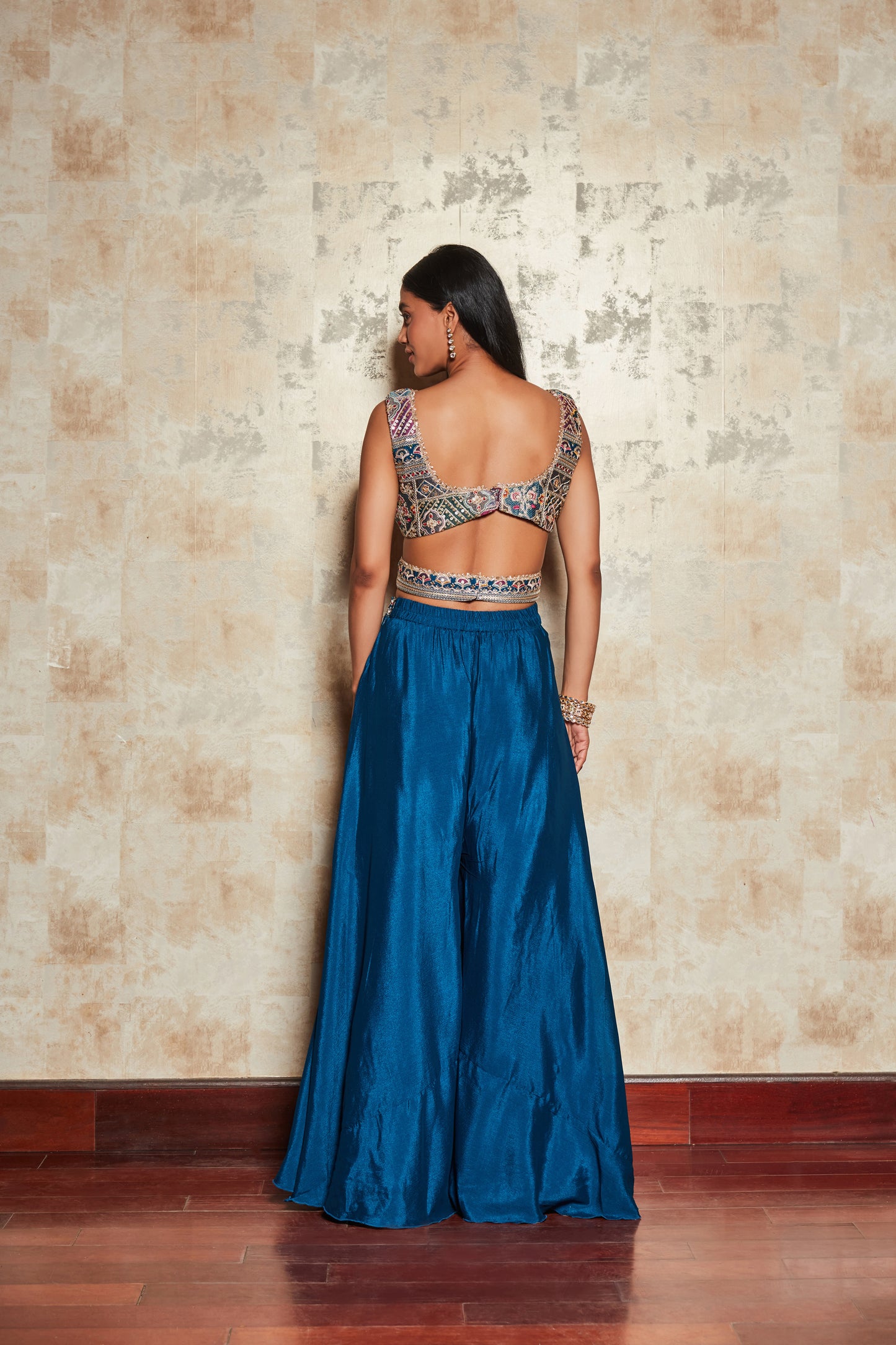 BLUE SHARARA SET WITH FLORAL ZARI EMROIDERED BLOUSE AND DUPATTA