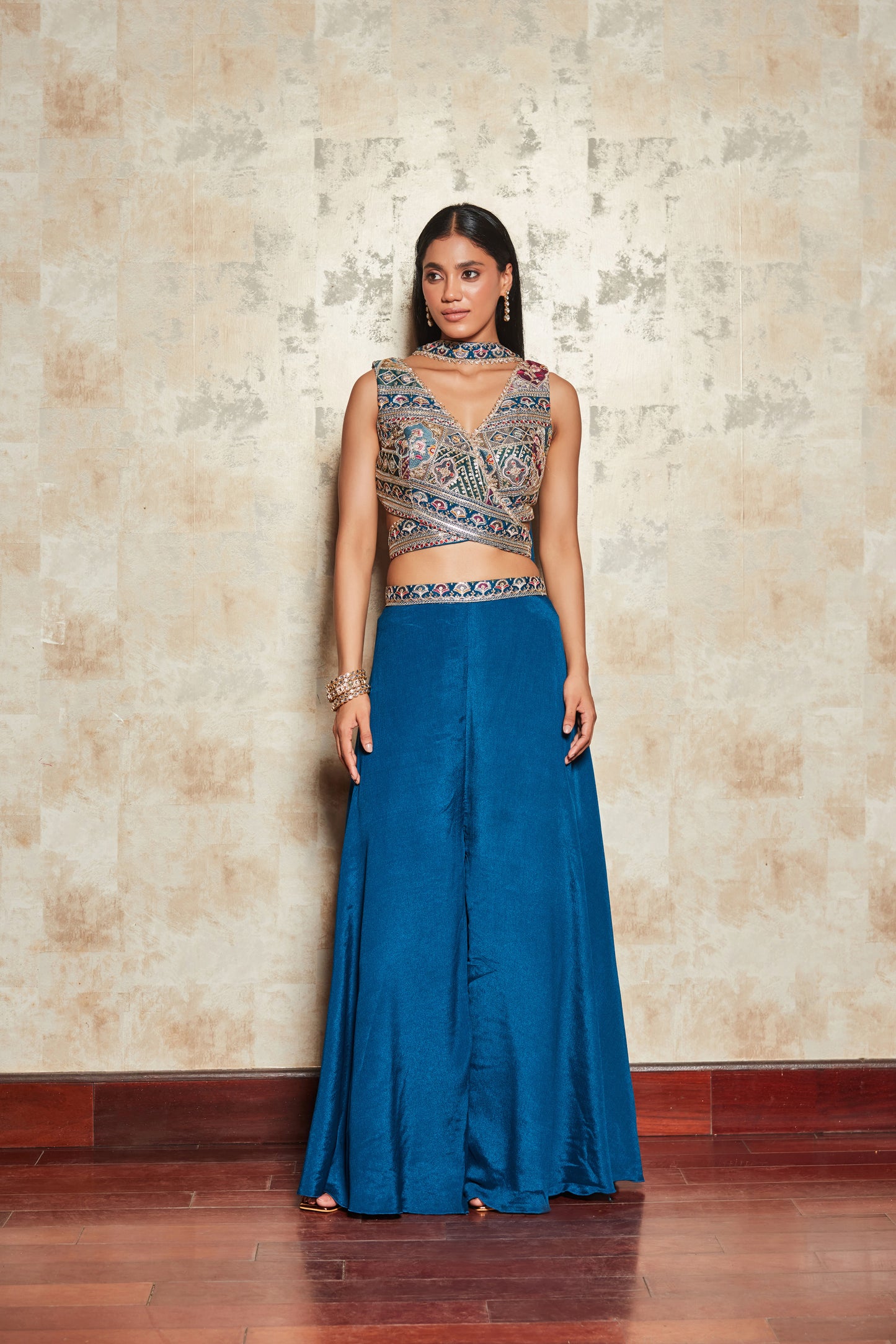 BLUE SHARARA SET WITH FLORAL ZARI EMROIDERED BLOUSE AND DUPATTA