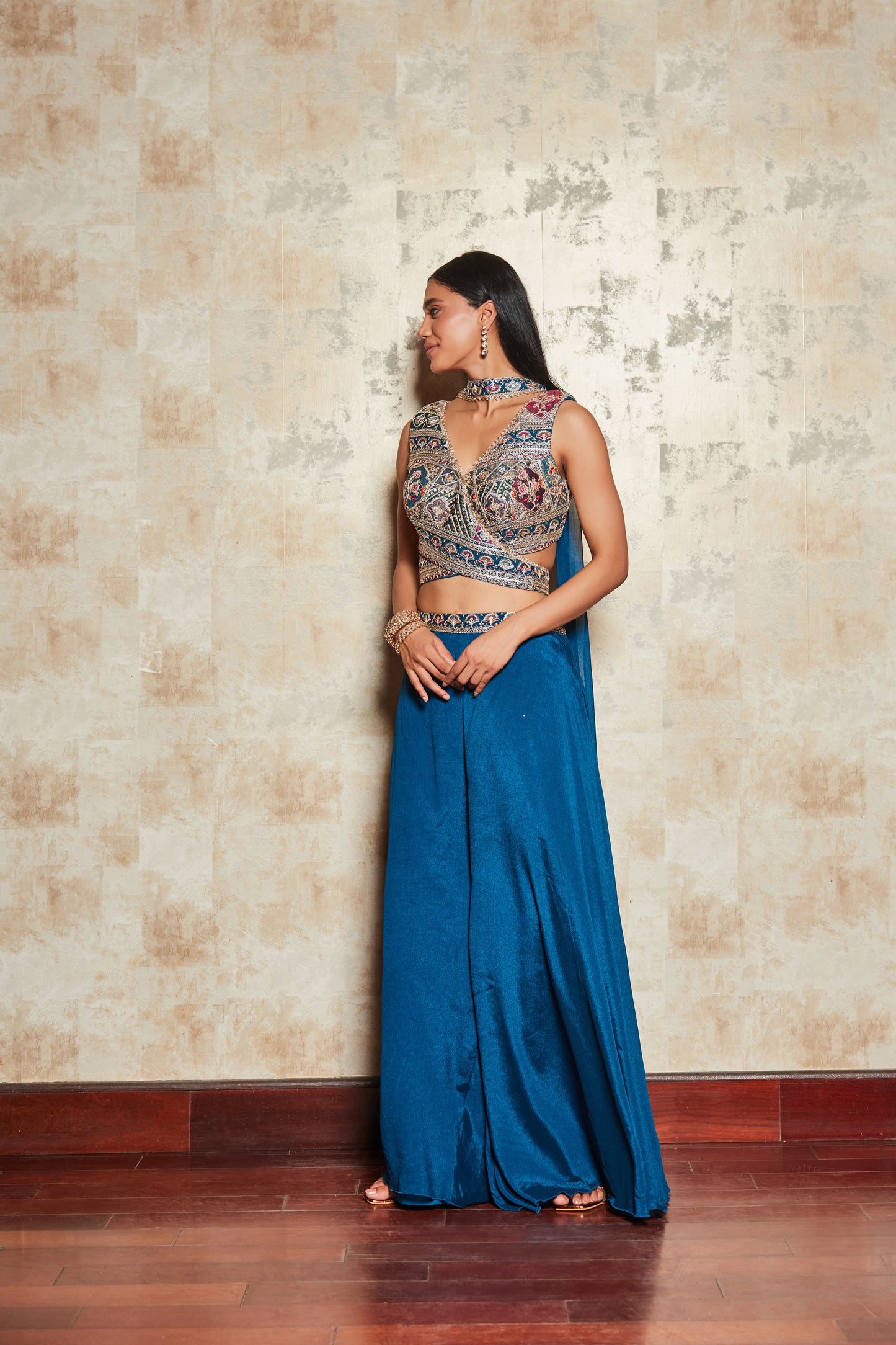 BLUE SHARARA SET WITH FLORAL ZARI EMROIDERED BLOUSE AND DUPATTA