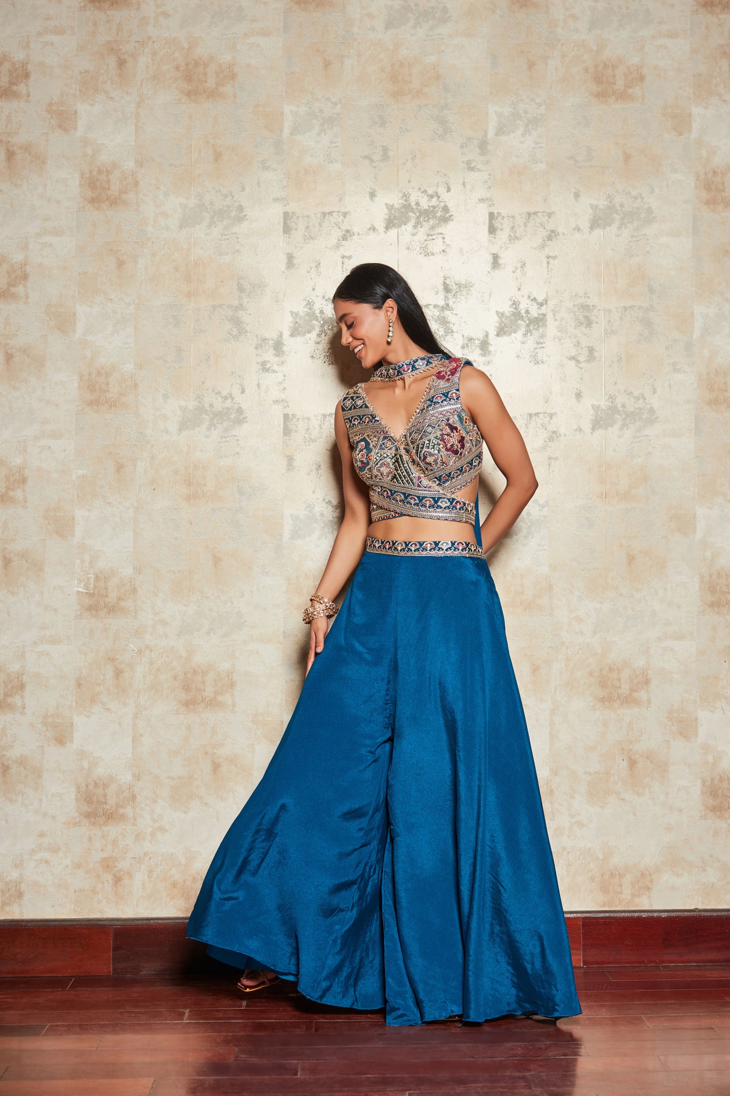 BLUE SHARARA SET WITH FLORAL ZARI EMROIDERED BLOUSE AND DUPATTA