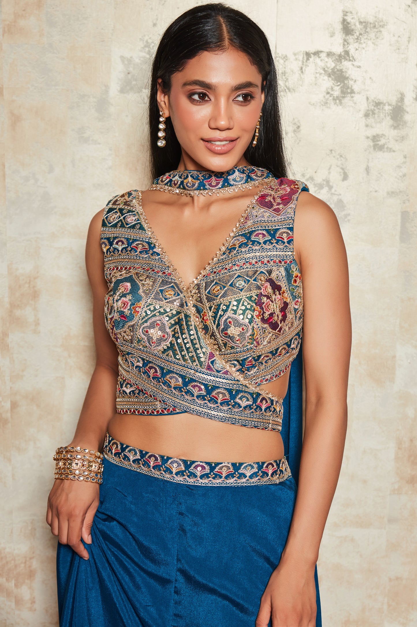 BLUE SHARARA SET WITH FLORAL ZARI EMROIDERED BLOUSE AND DUPATTA