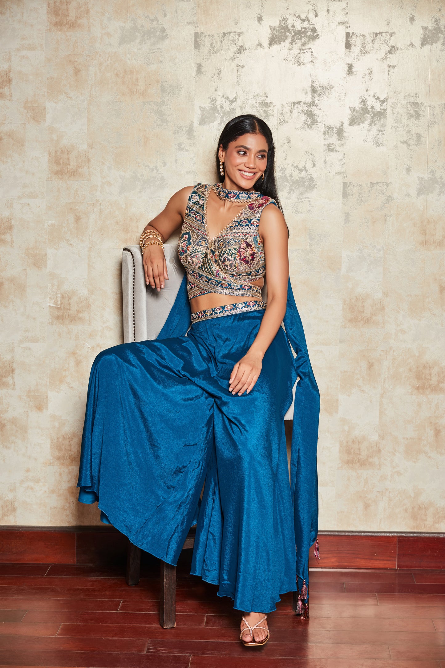 BLUE SHARARA SET WITH FLORAL ZARI EMROIDERED BLOUSE AND DUPATTA