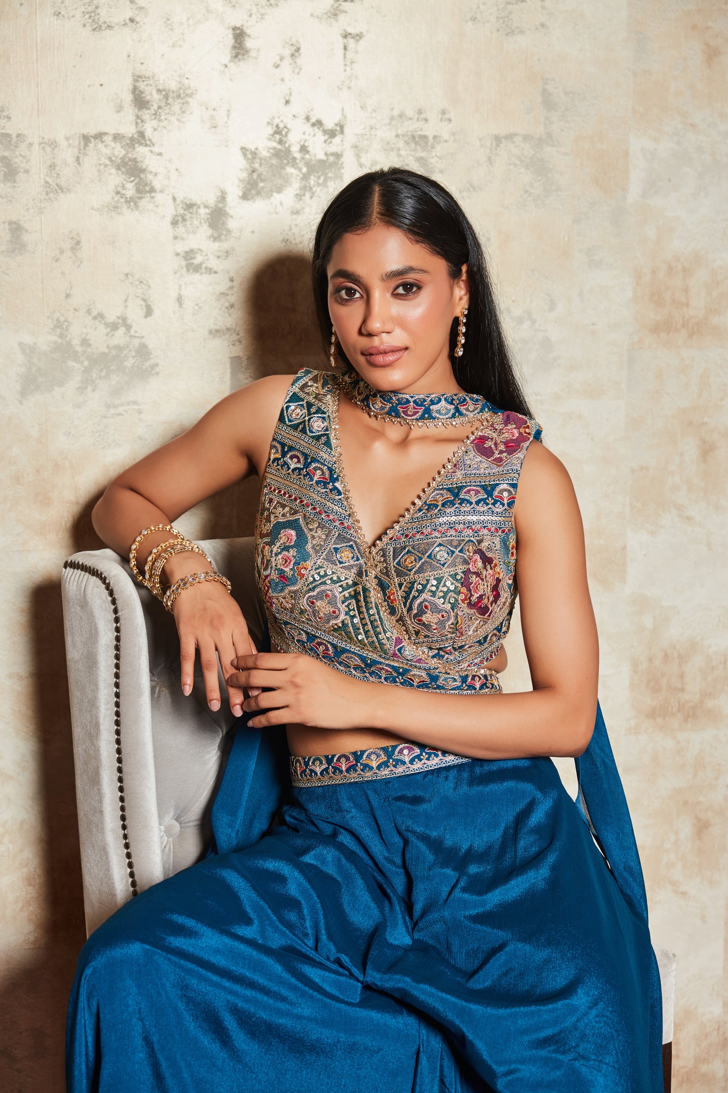 BLUE SHARARA SET WITH FLORAL ZARI EMROIDERED BLOUSE AND DUPATTA