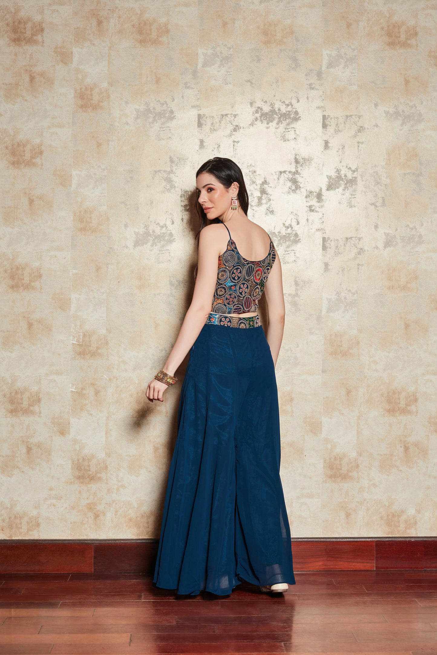 BLUE PLAZO SET WITH FLORAL HAND EMBROIDERED TOP