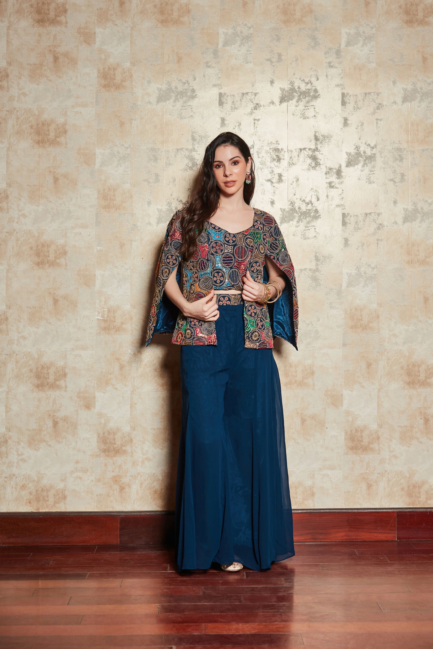 BLUE PLAZO SET WITH FLORAL HAND EMBROIDERED TOP