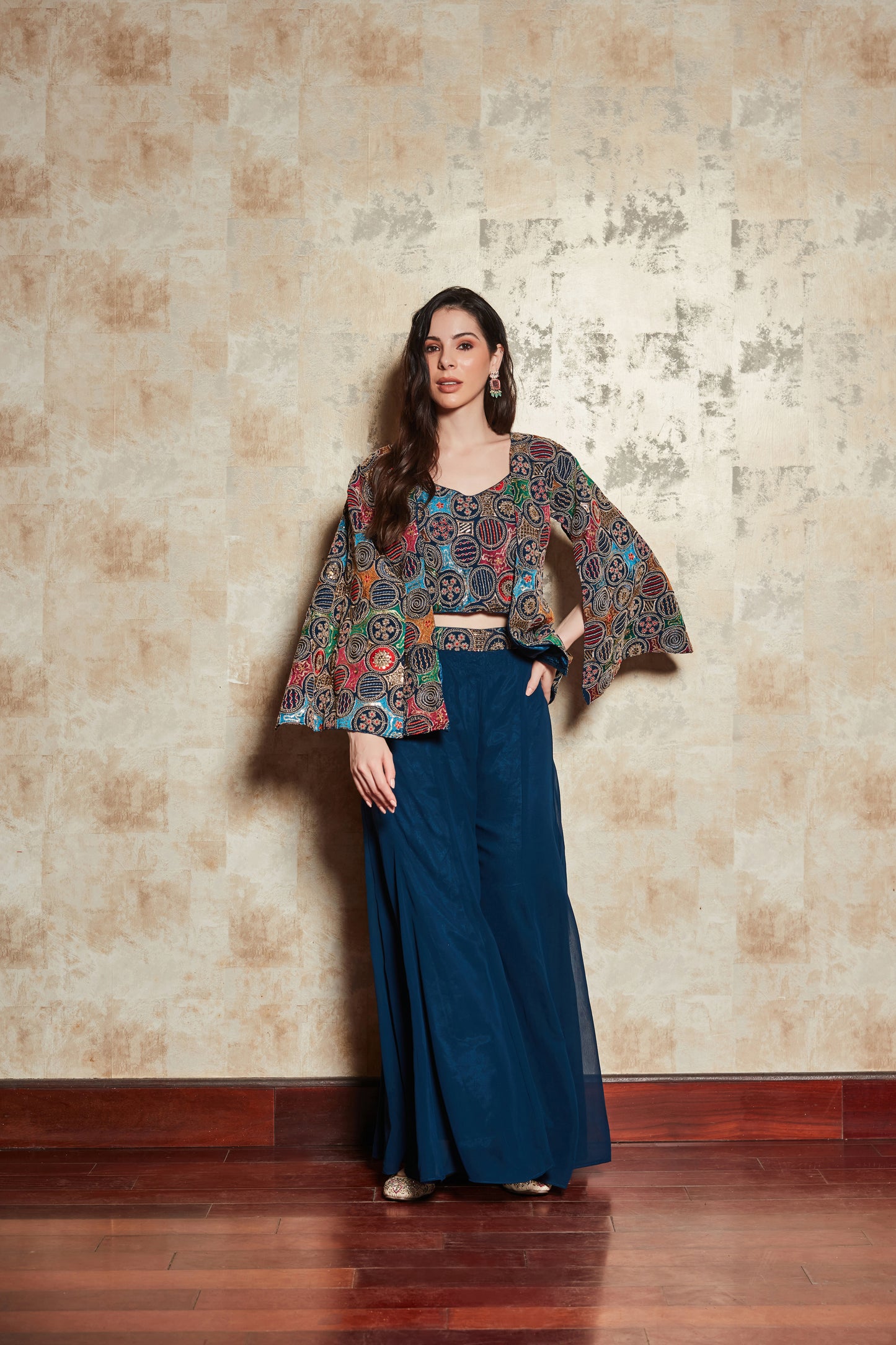 BLUE PLAZO SET WITH FLORAL HAND EMBROIDERED TOP