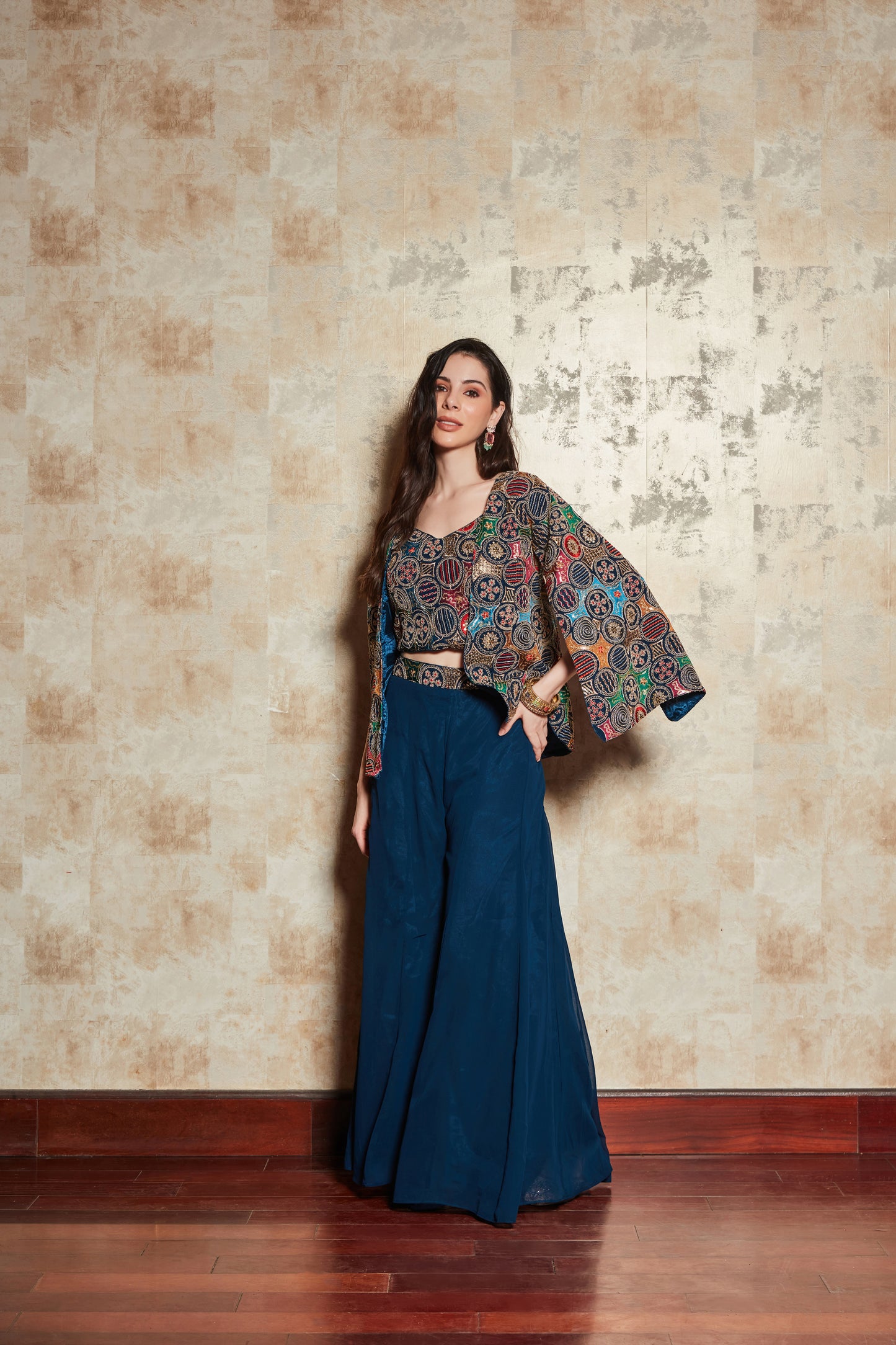 BLUE PLAZO SET WITH FLORAL HAND EMBROIDERED TOP