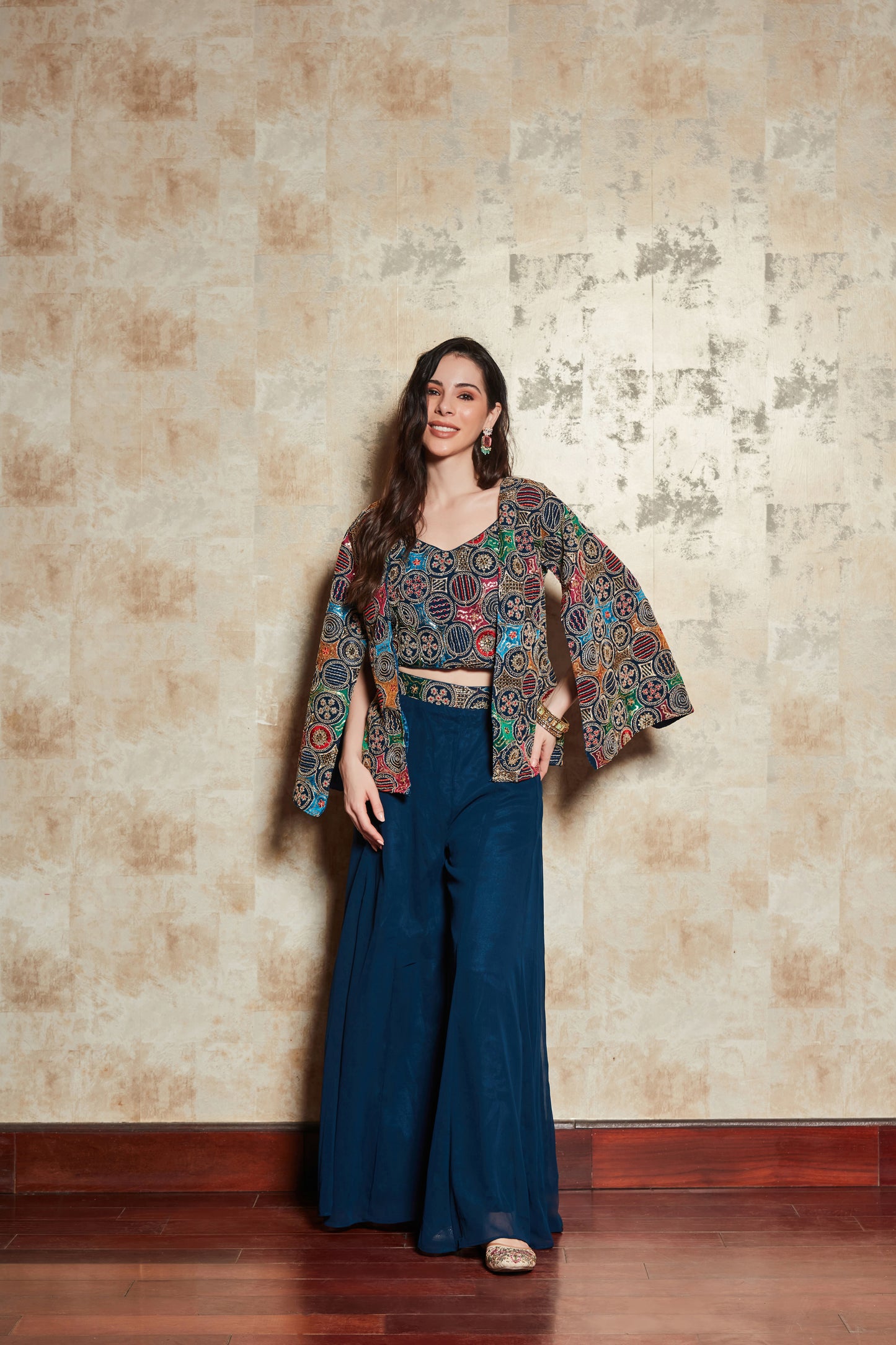 BLUE PLAZO SET WITH FLORAL HAND EMBROIDERED TOP