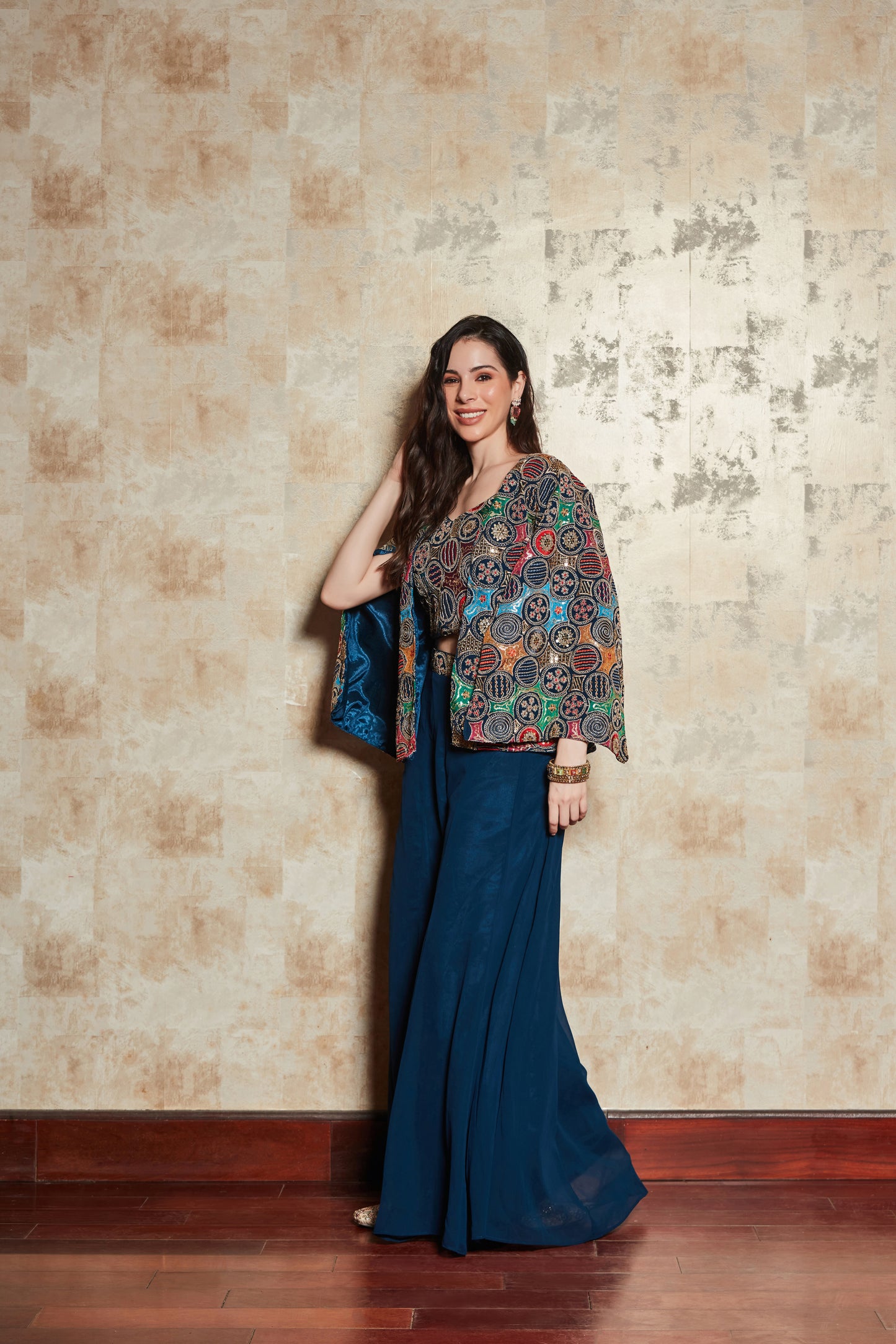 BLUE PLAZO SET WITH FLORAL HAND EMBROIDERED TOP