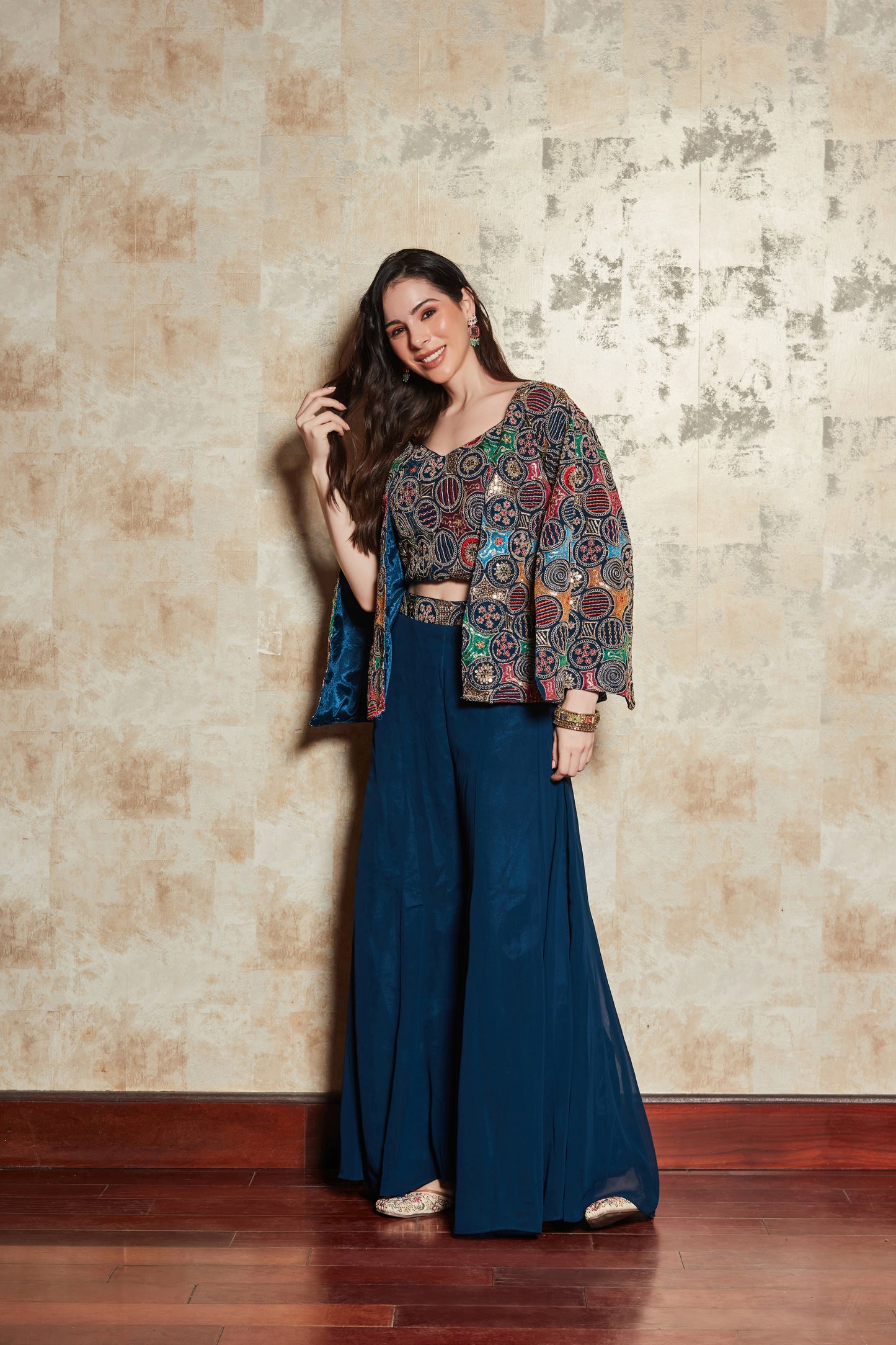 BLUE PLAZO SET WITH FLORAL HAND EMBROIDERED TOP