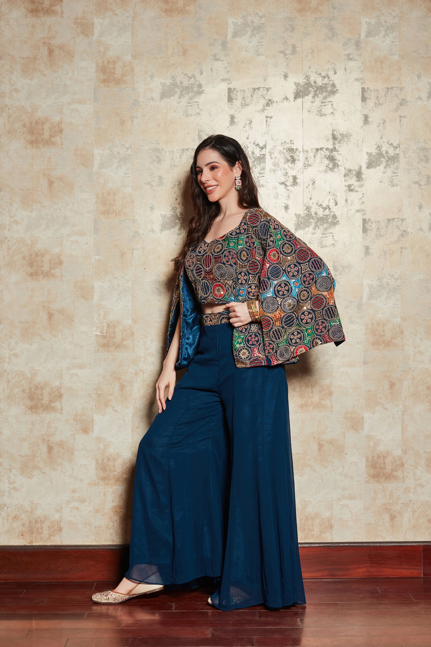 BLUE PLAZO SET WITH FLORAL HAND EMBROIDERED TOP