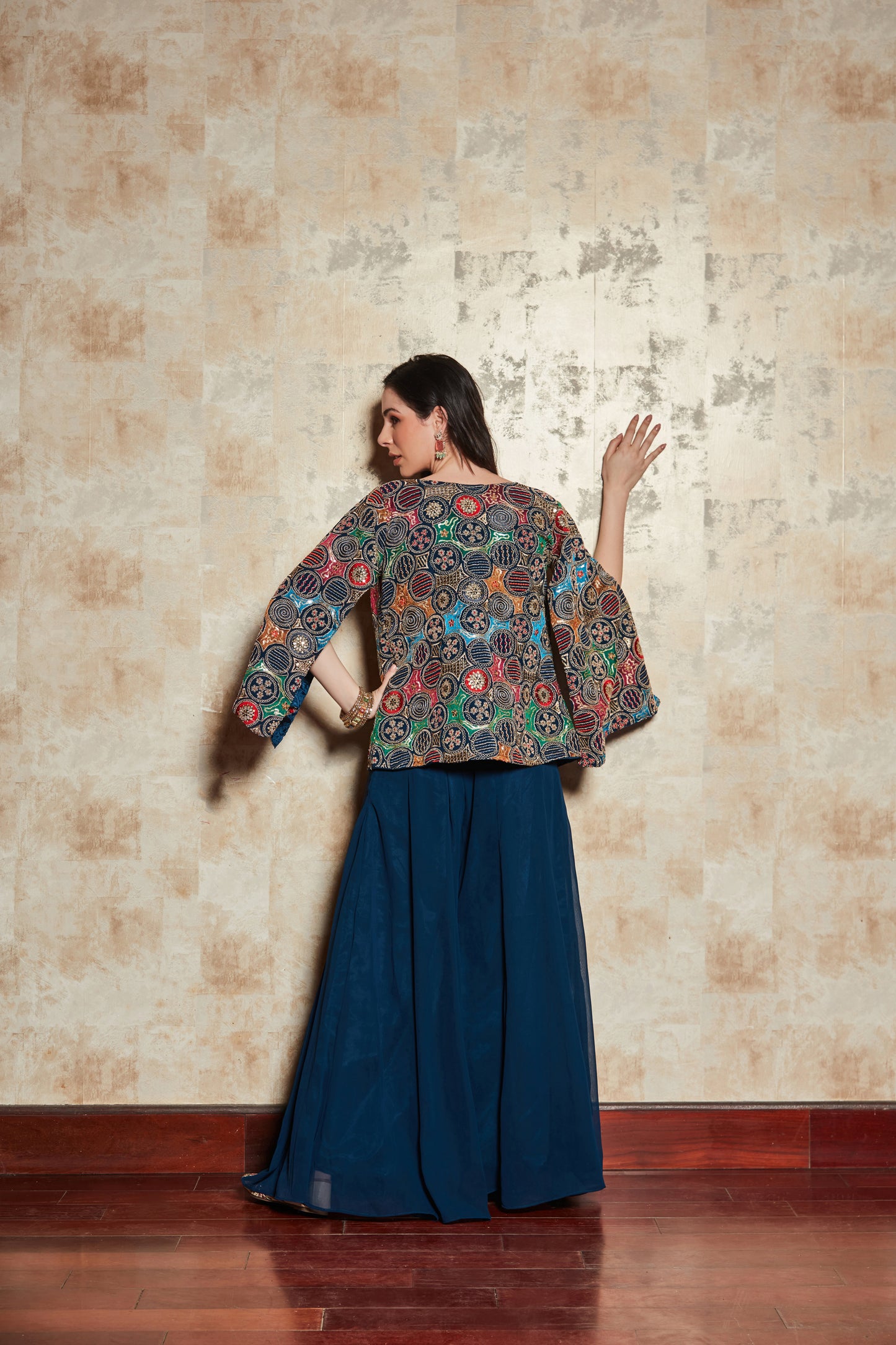 BLUE PLAZO SET WITH FLORAL HAND EMBROIDERED TOP