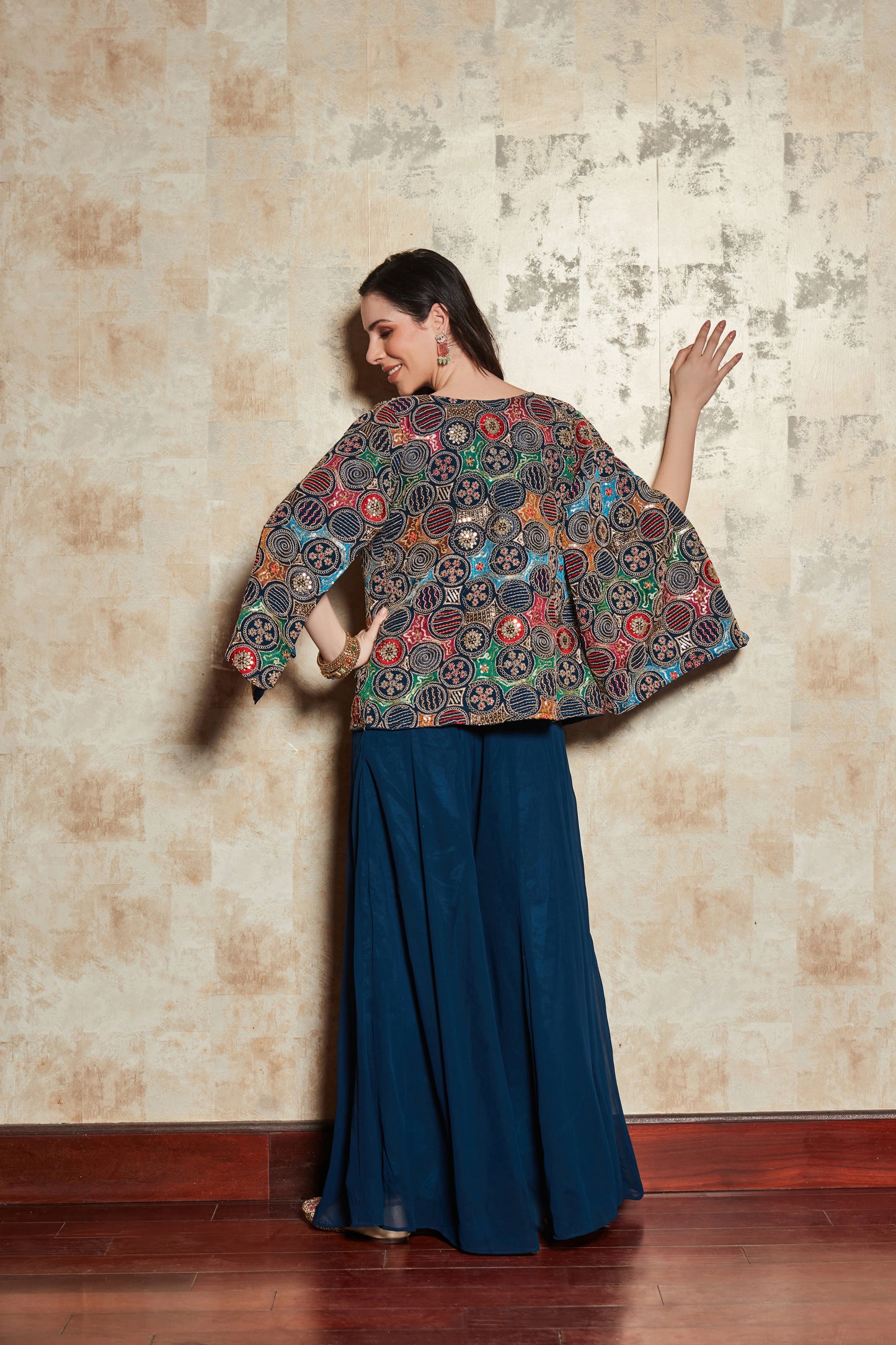 BLUE PLAZO SET WITH FLORAL HAND EMBROIDERED TOP