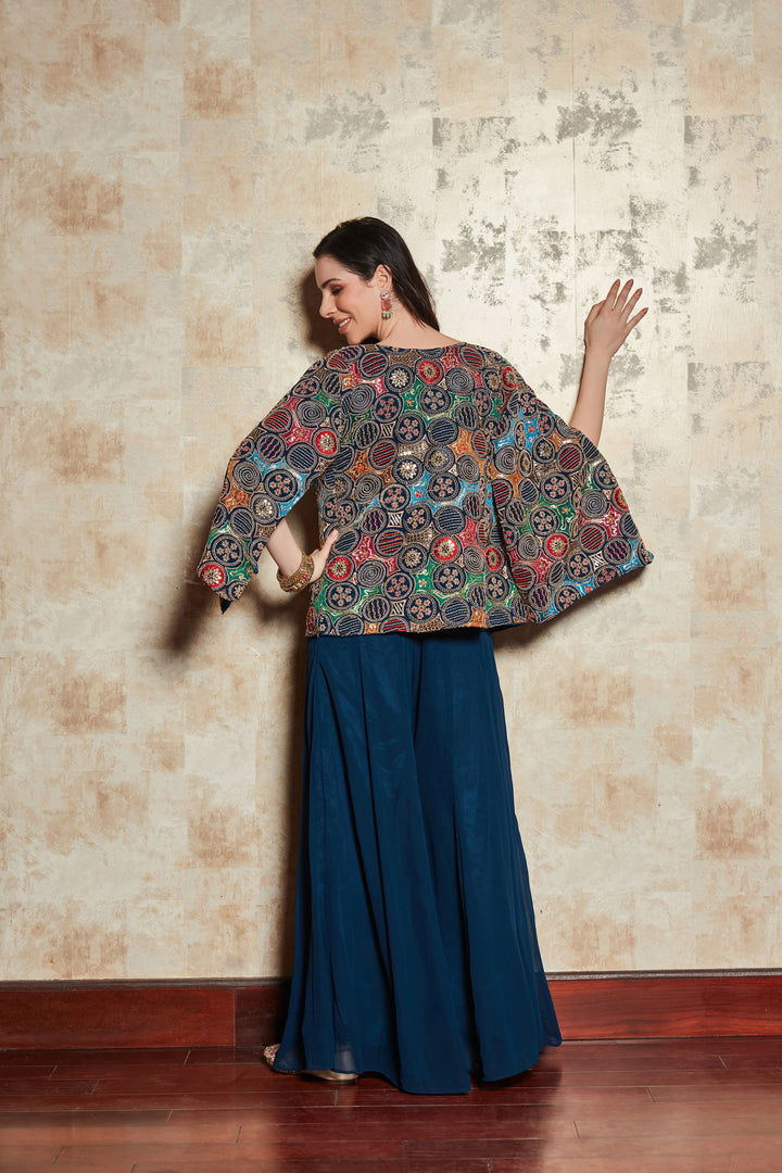 BLUE PLAZO SET WITH FLORAL HAND EMBROIDERED TOP