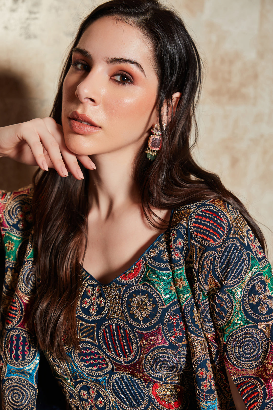 BLUE PLAZO SET WITH FLORAL HAND EMBROIDERED TOP