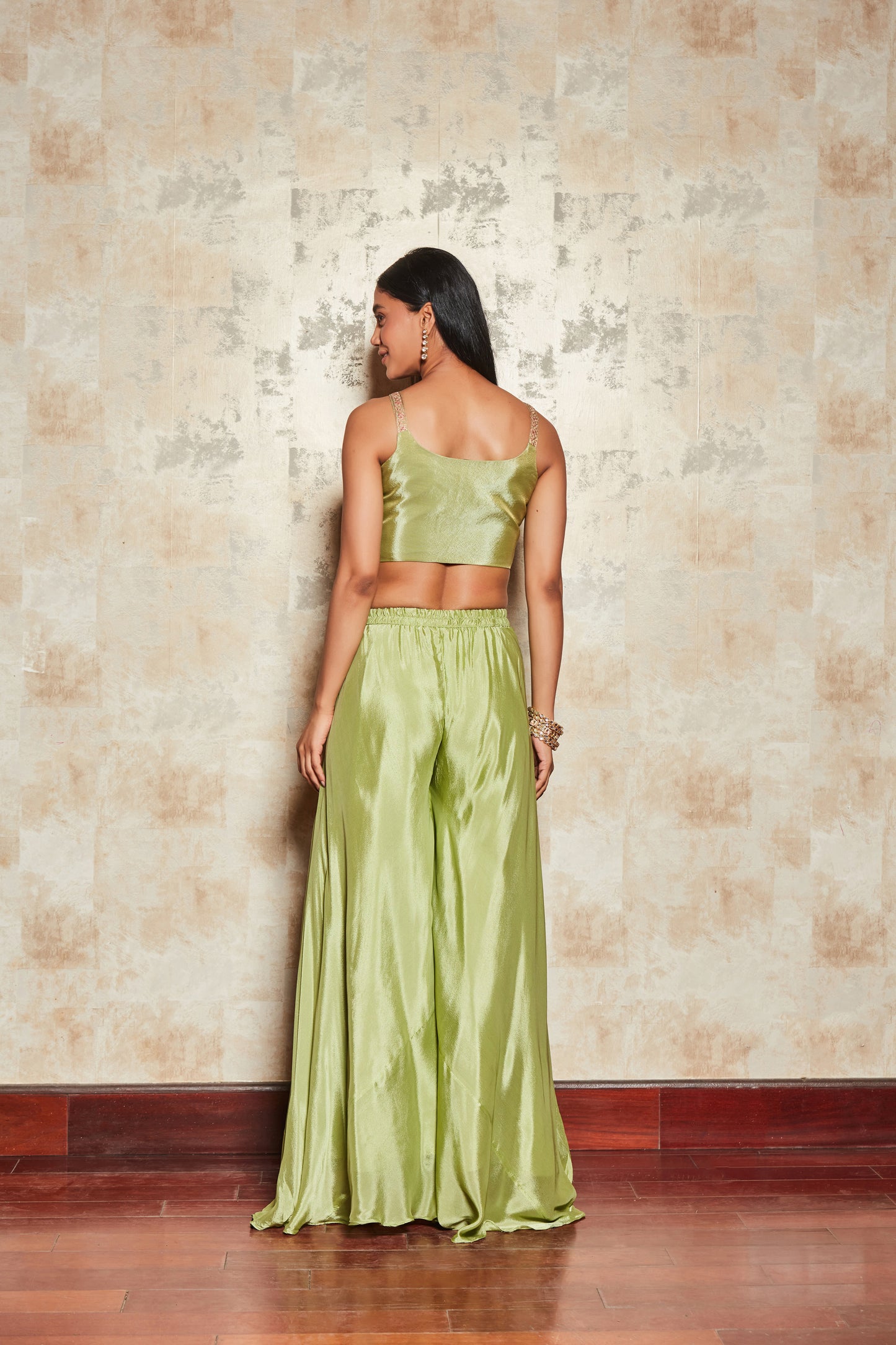 CREPE PASTEL GREEN SHARARA SET WITH FLORAL SHRUG