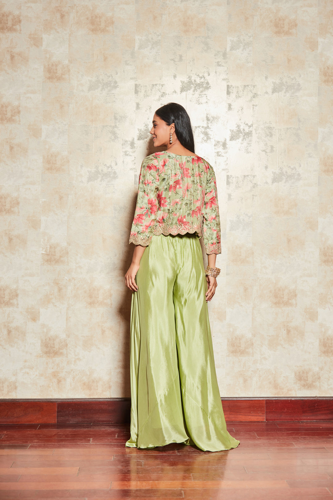 CREPE PASTEL GREEN SHARARA SET WITH FLORAL SHRUG