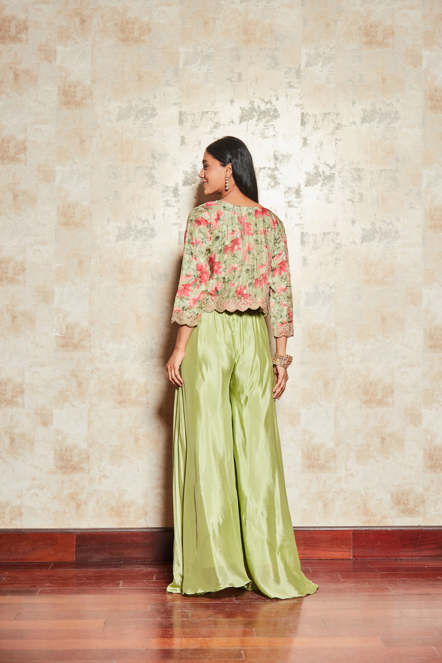 CREPE PASTEL GREEN SHARARA SET WITH FLORAL SHRUG