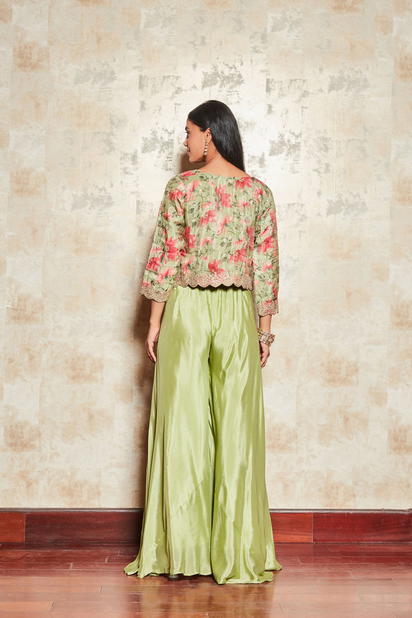 CREPE PASTEL GREEN SHARARA SET WITH FLORAL SHRUG