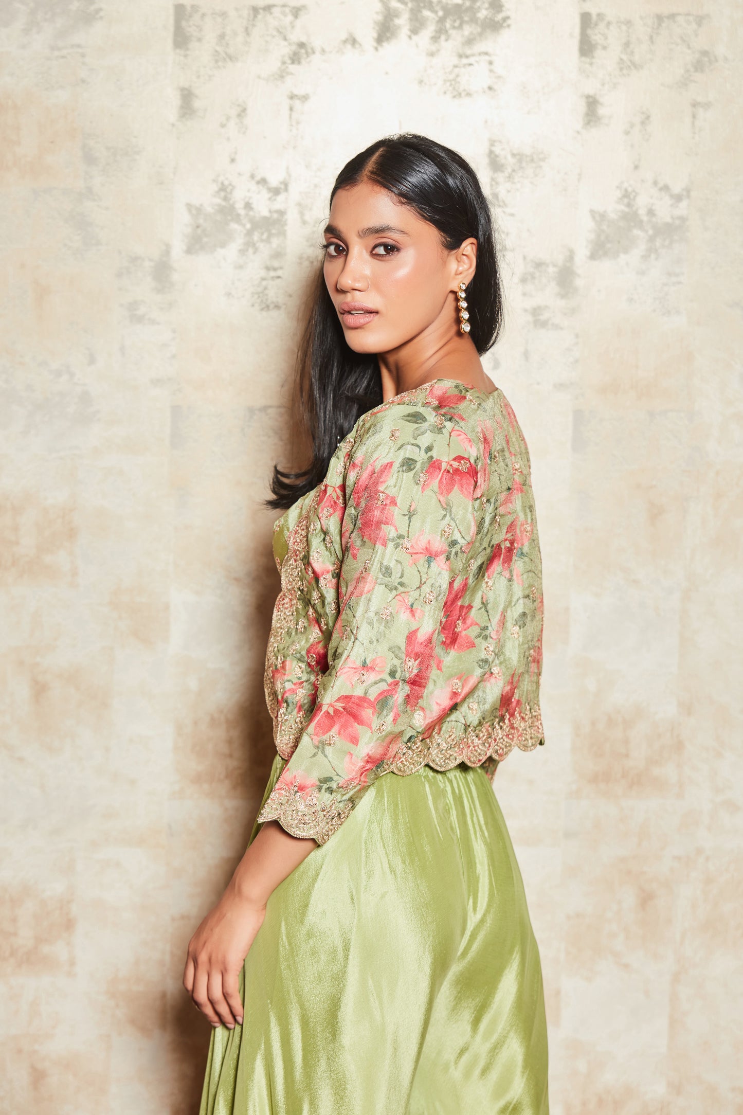 CREPE PASTEL GREEN SHARARA SET WITH FLORAL SHRUG