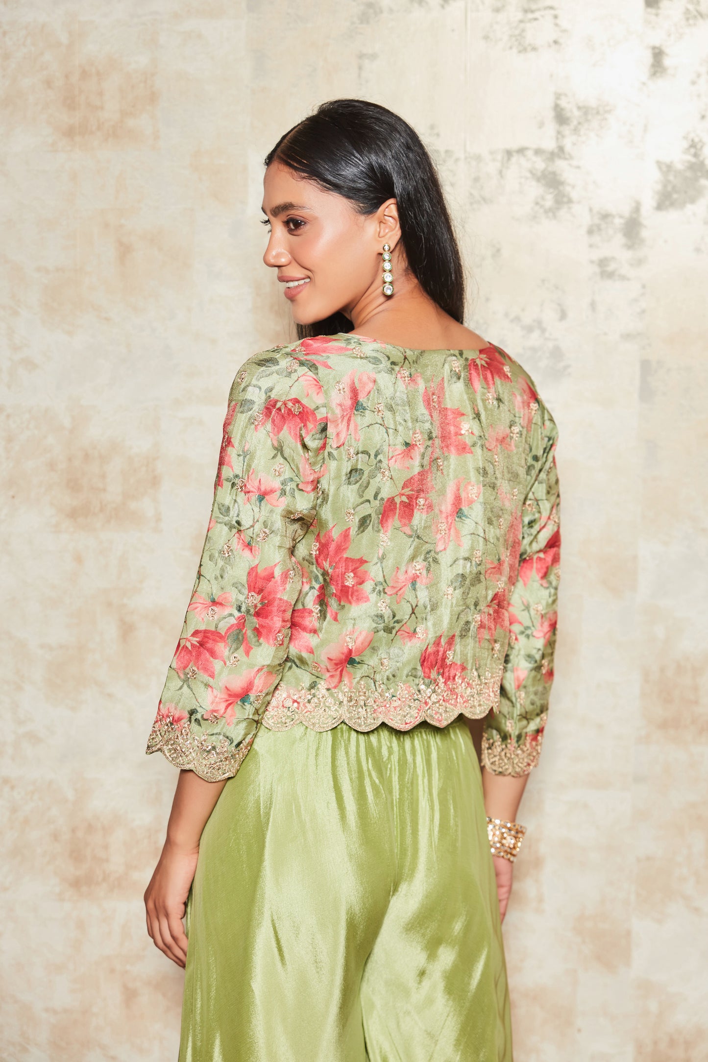 CREPE PASTEL GREEN SHARARA SET WITH FLORAL SHRUG